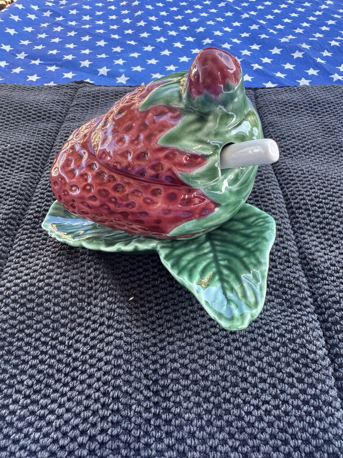 VTG Bordallo Pinheiro Majolica Strawberry Condiment Dish-Lid, Spoon