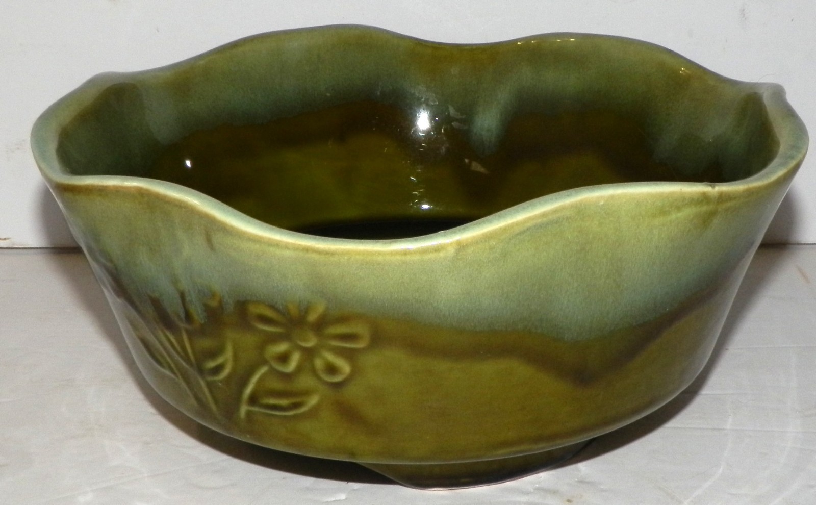 Vintage Art Pottery Bowl Green Ombre Drip Glaze Ruffled by Judy of California