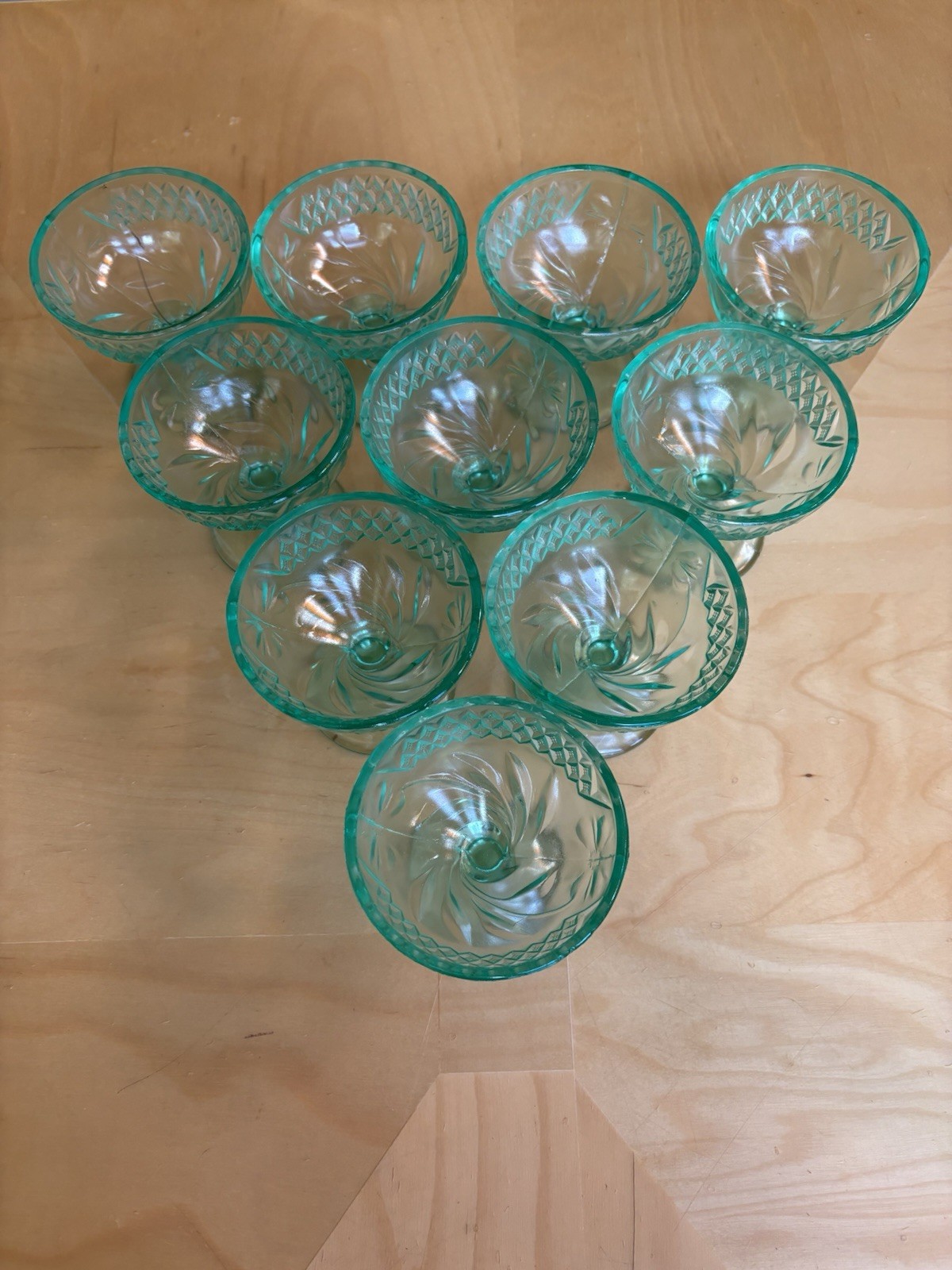 U.S. Glass Co Floral & Diamond Vaseline Green Sherbet Dessert Cups Set 10