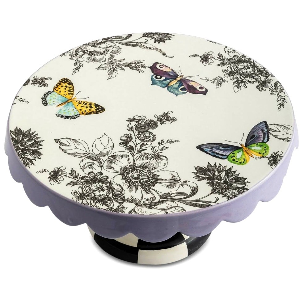 Brand New MacKenzie-Childs Butterfly Toile Small Pedestal Platter