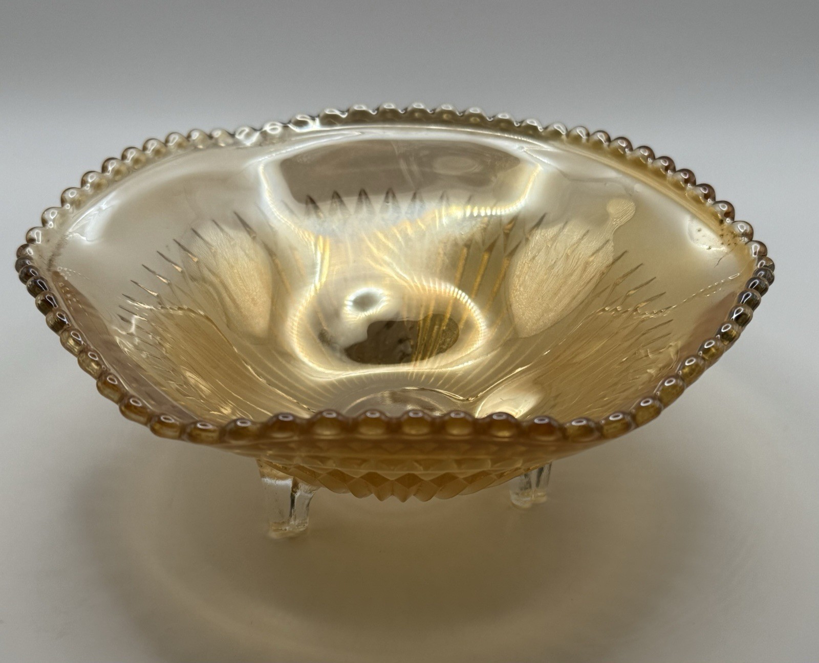 Vintage Carnival Glass Jeanette Glass 3 Footed Marigold ‘Anniversary’ Bowl 6.5”