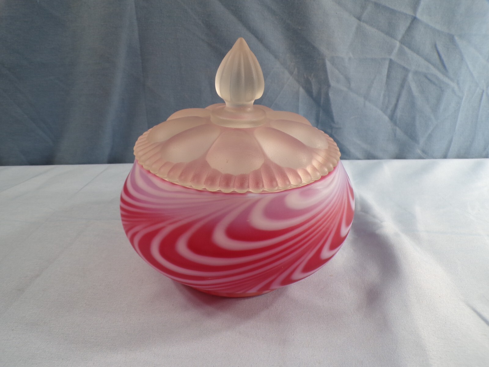 Fenton Cranberry Satin Glass Swirled Feather Candy Jar (Not Smaller Puff Box)
