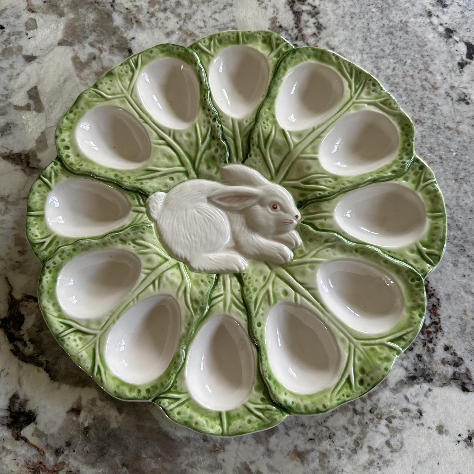 Vintage Strata Bunny Lane Deviled Egg Platter Green Cabbage Easter Rabbit