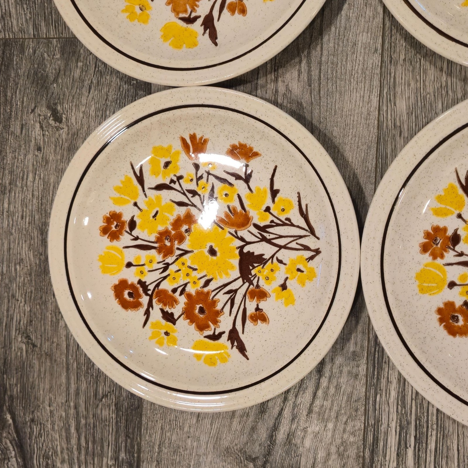 Vintage floral Stoneware dinner plates 1970s Botanical speckled Garden dining 4p