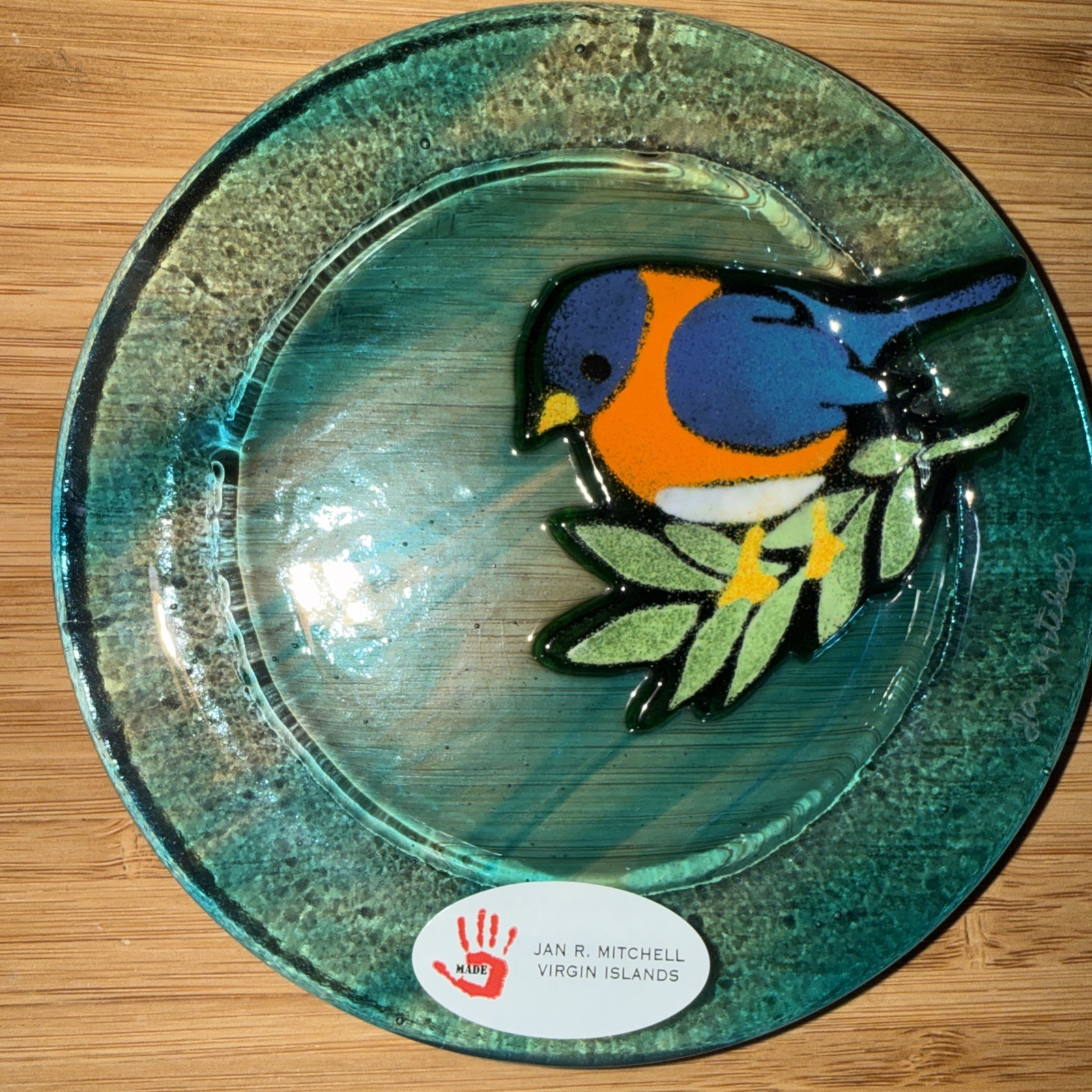 Fused Glass Blue-Green Plate w/ Blue-Orange Bird JAN R. MITCHELL Virgin Island