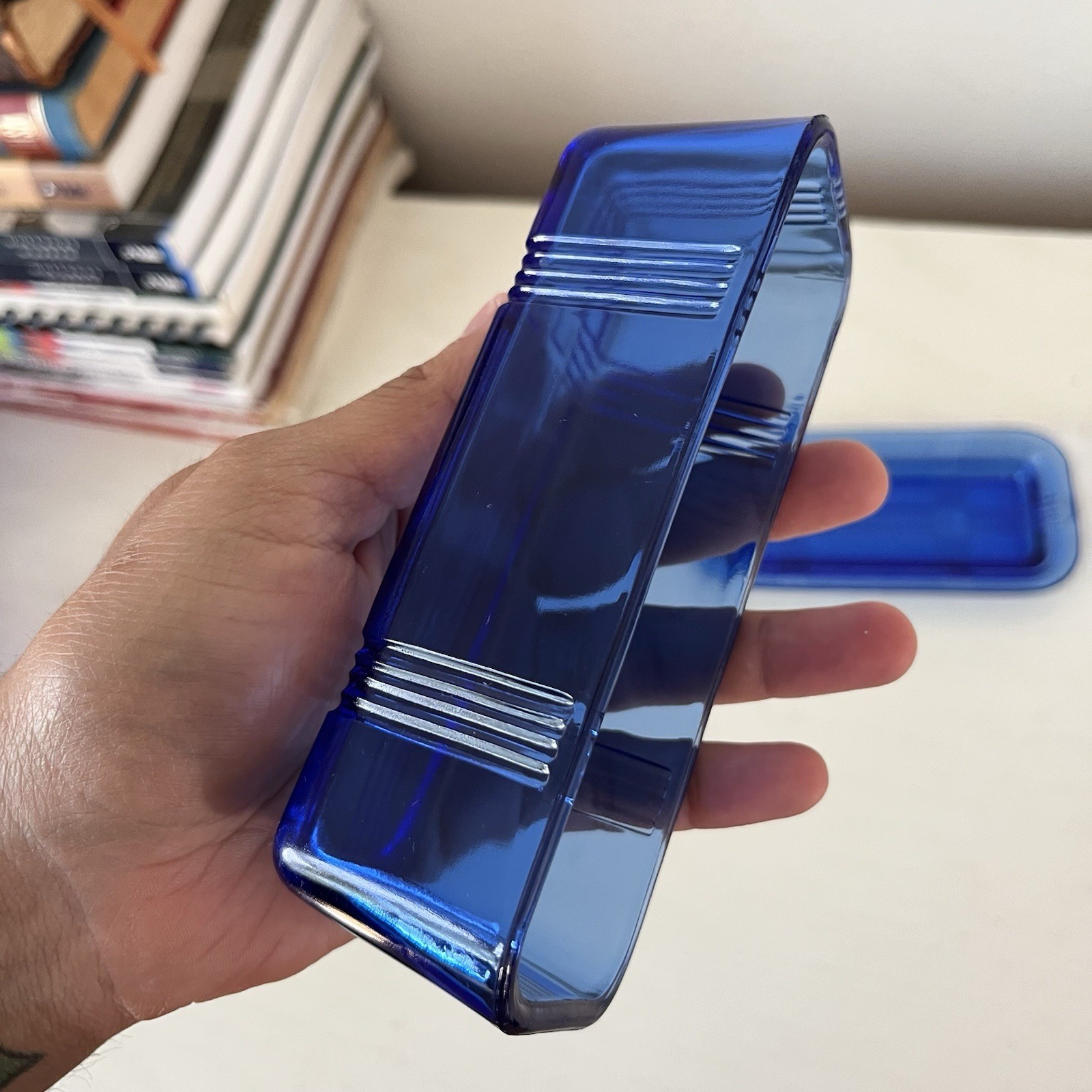 Vintage Hazel Atlas Cobalt Blue Glass Criss Cross Butter Dish, 1 Stick, 1/4 Lb