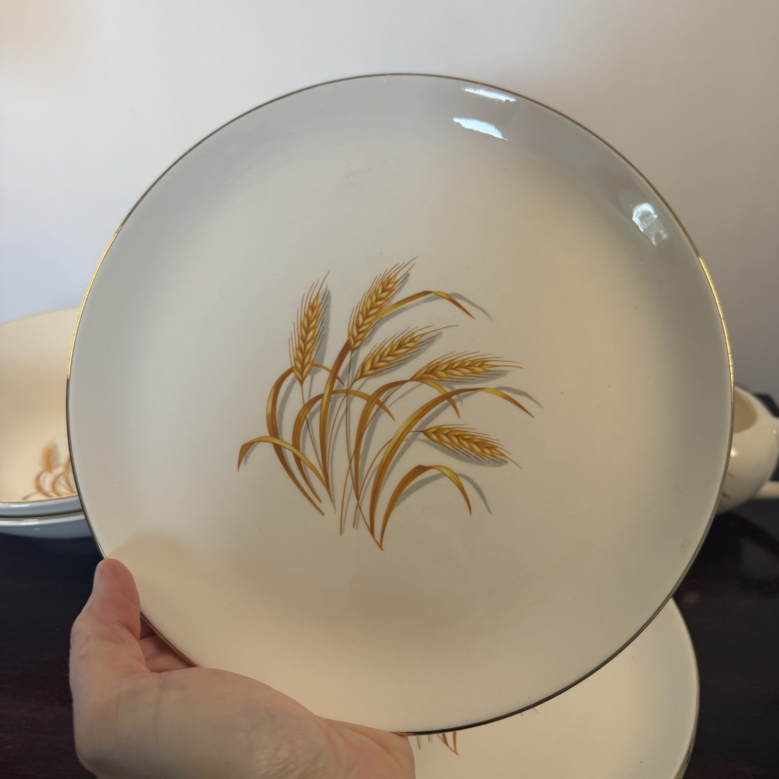 Homer Laughlin Vintage Golden Wheat 7 Piece Lot Plates Bowls Gravy Boat 22K Gold