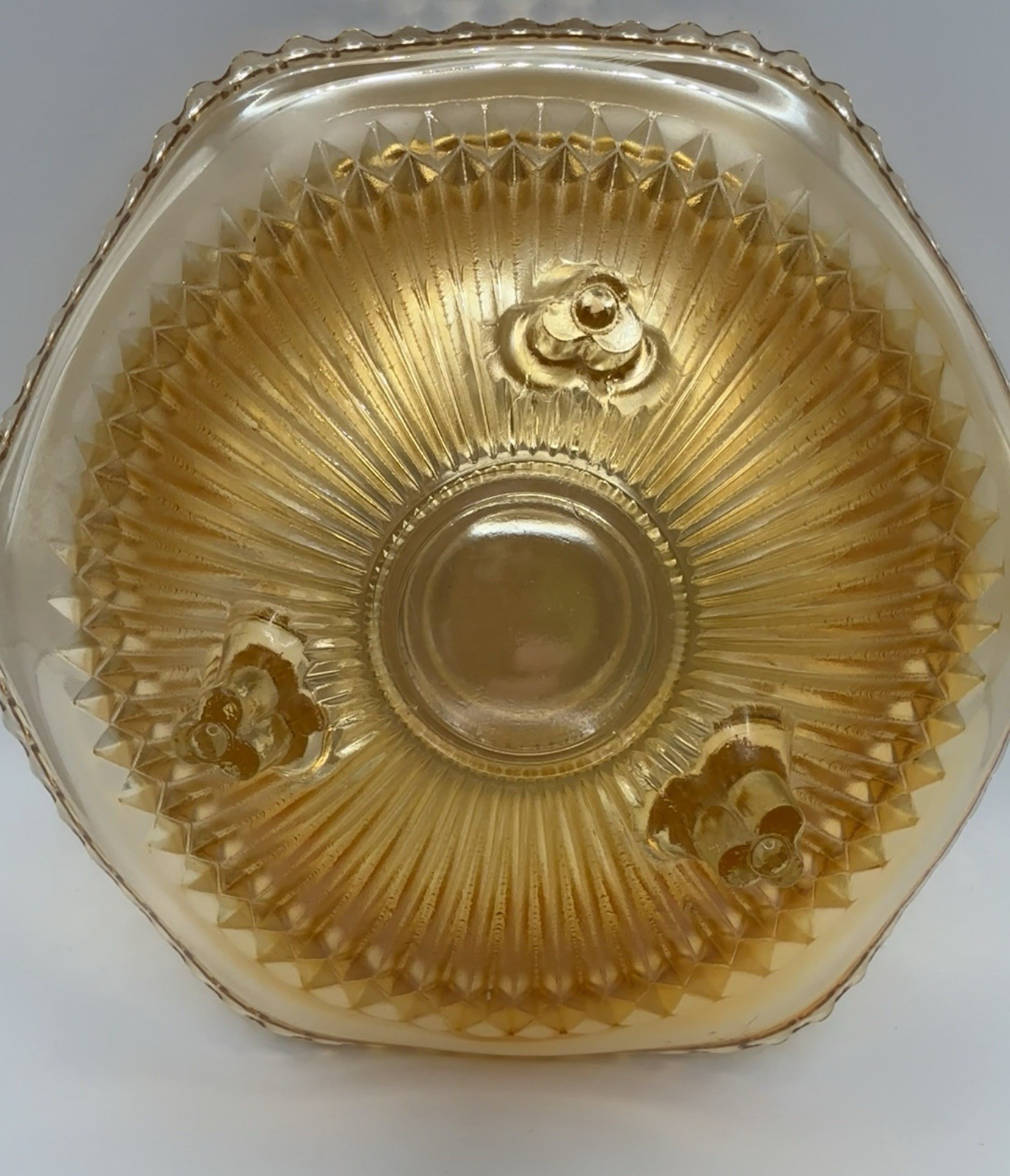 Vintage Carnival Glass Jeanette Glass 3 Footed Marigold ‘Anniversary’ Bowl 6.5”