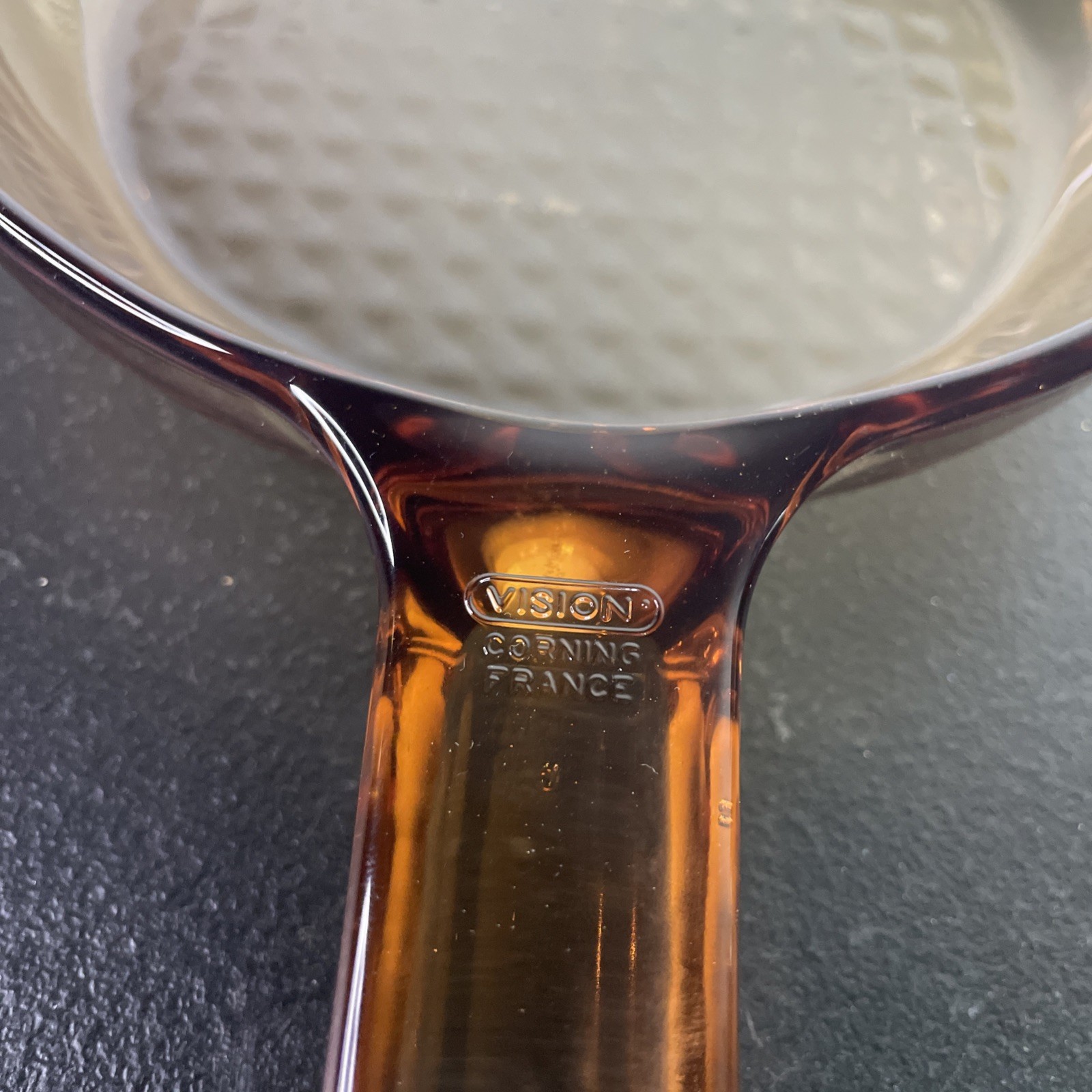 Vintage Vision Corning France Amber Glass 7″ Waffle Skillet w/ Pyrex Lid V-1.5-C