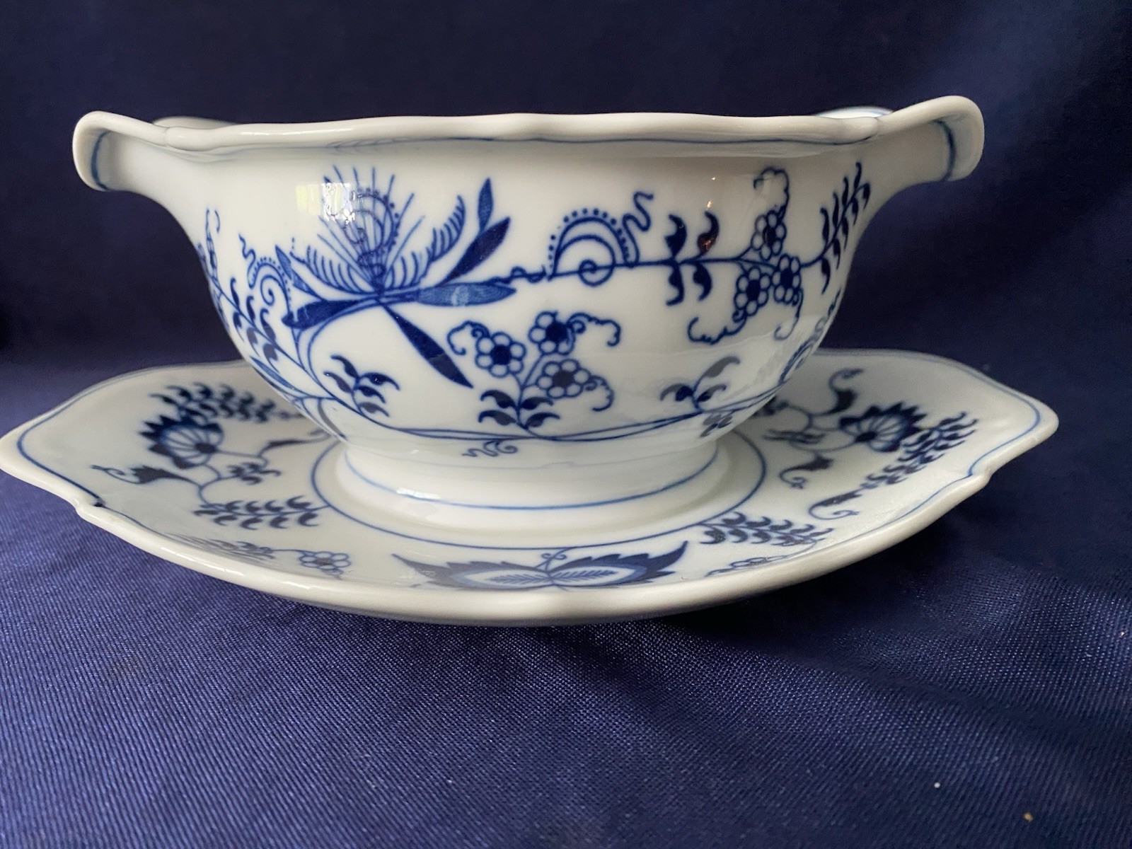 BLUE DANUBE Two Spout Gravy/Sauce Boat Attached Underplate Banner Stamp EUC