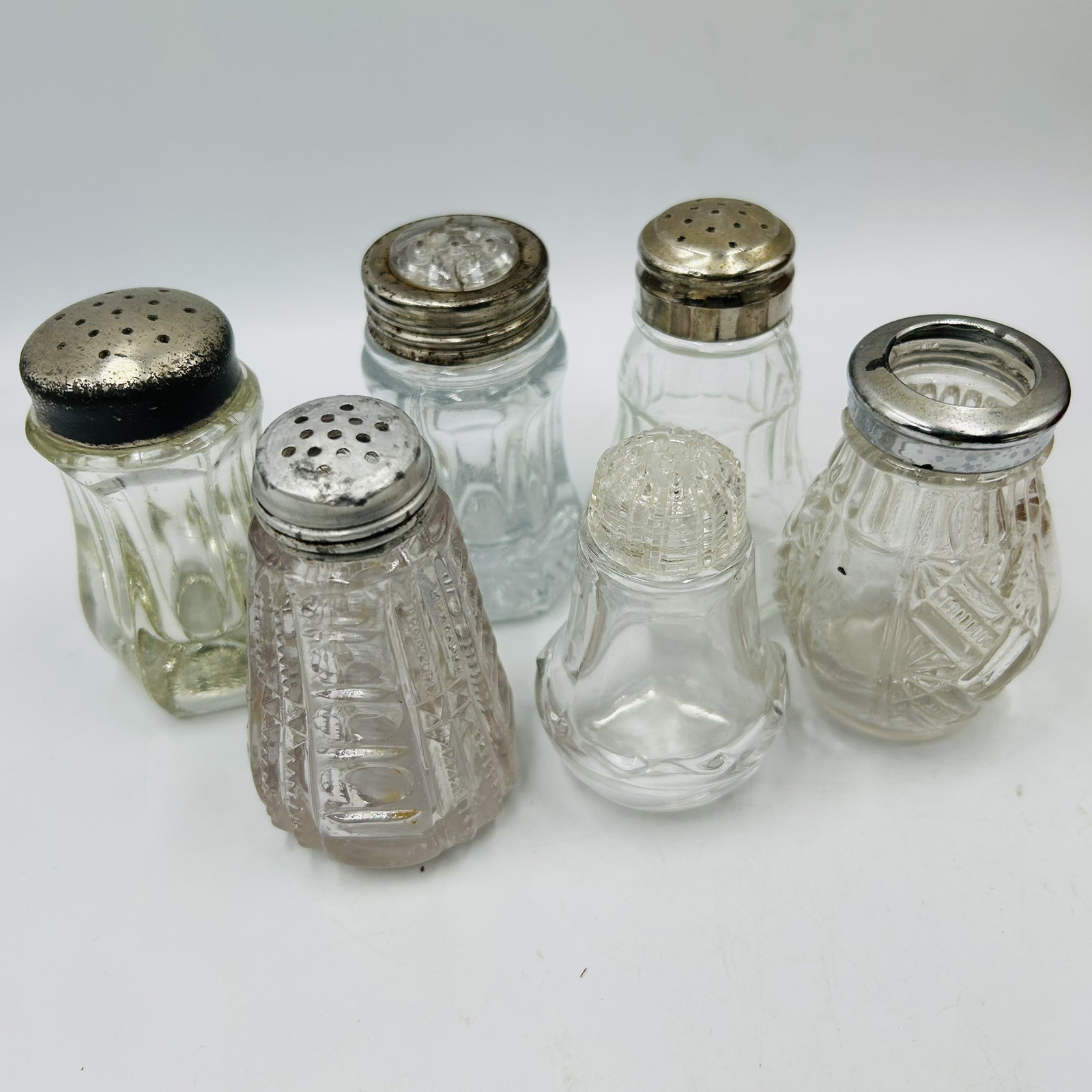 6 Piece Vintage And Antique Eapg Glass Clear Salt Shaker Mixed Lot Pressed
