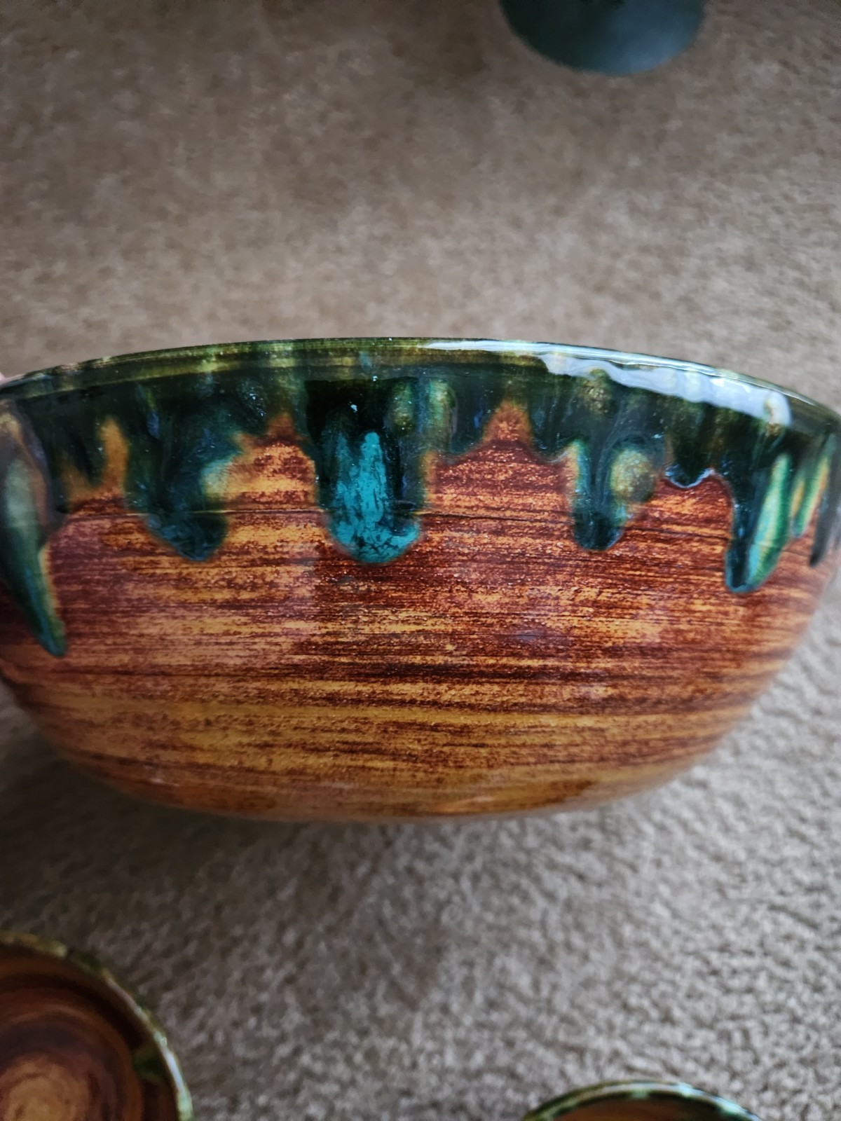 Large pottery salad bowl with 4 serving bowls, unique glaze, mid century
