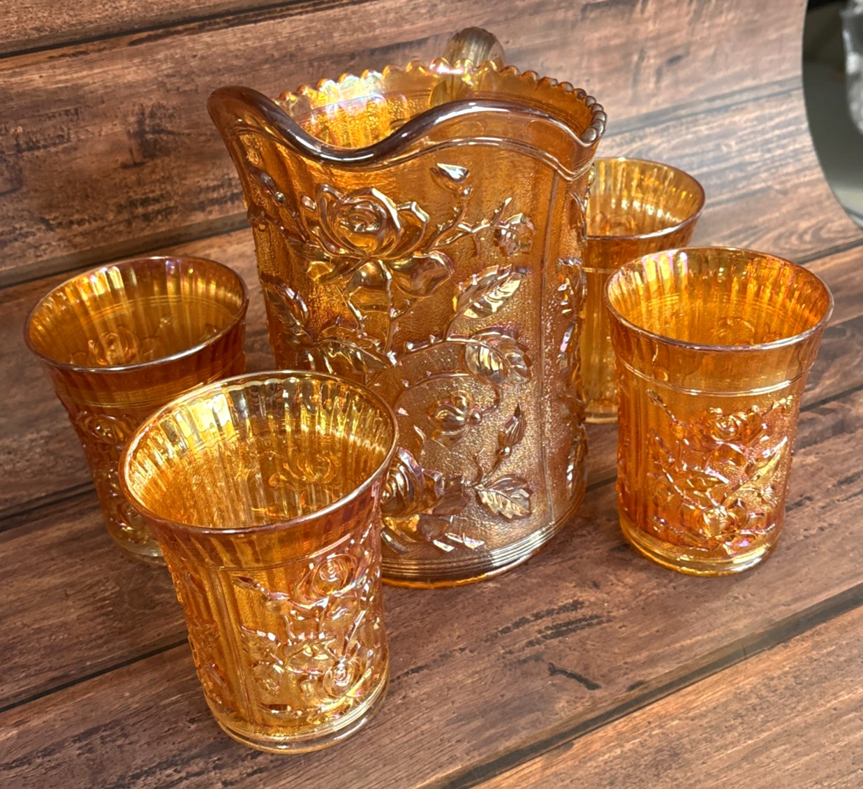 Vintage Imperial Marigold Carnival Glass Water Pitcher With Set of Four Glasses