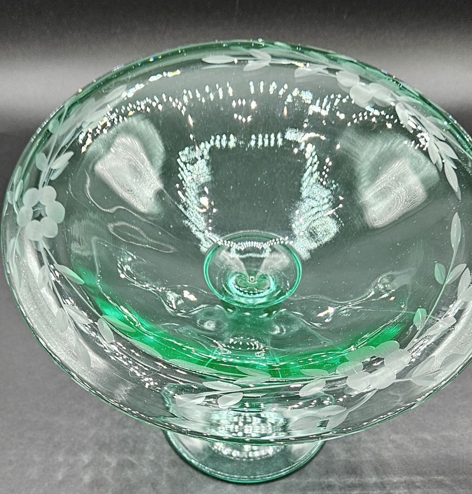 Green Depression Etched Vaseline Uranium Candy Dish Glass Pedestal Compote