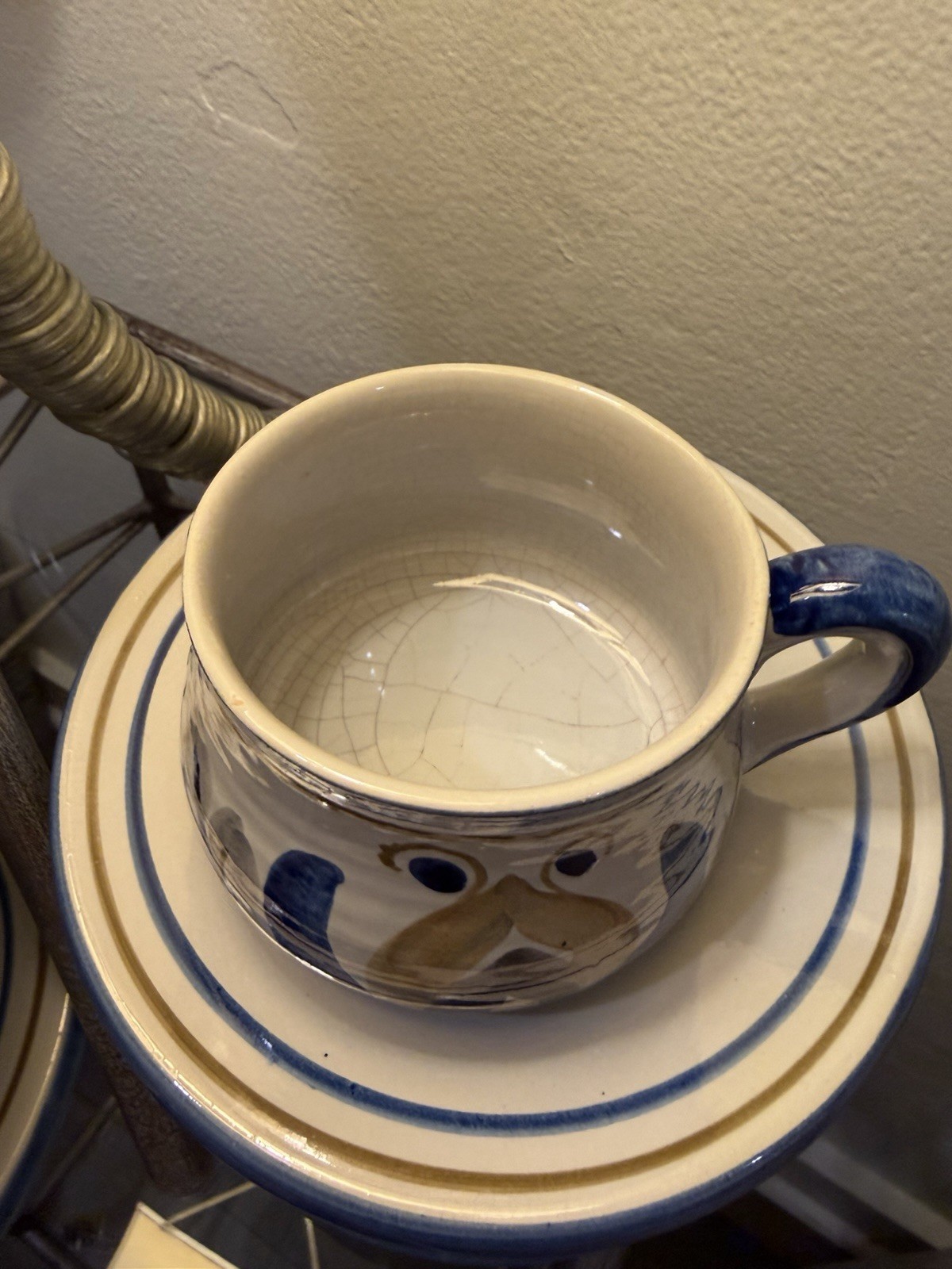 Set of 4 Ulmer Keramik Vintage Stoneware Cup & Saucers Germany Blue Gray Tan