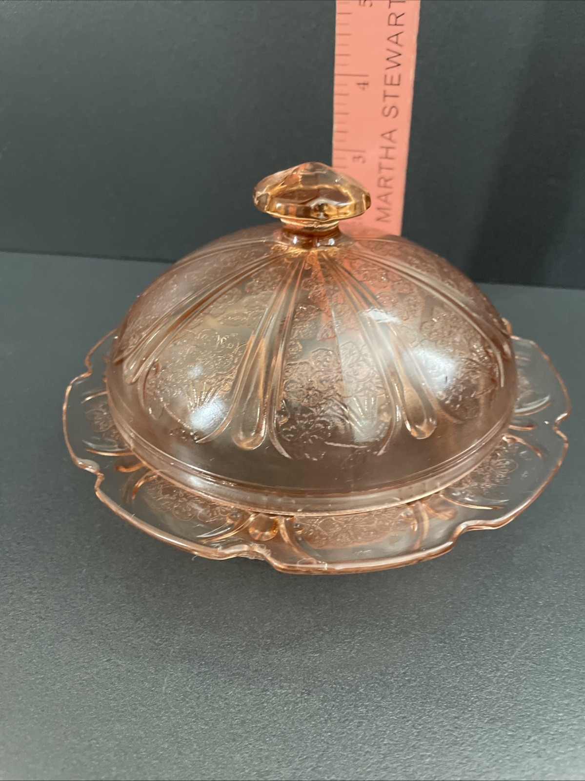 Jeannette Soft Salmon Pink Cherry Blossom Depression Glass Covered Butter Dish
