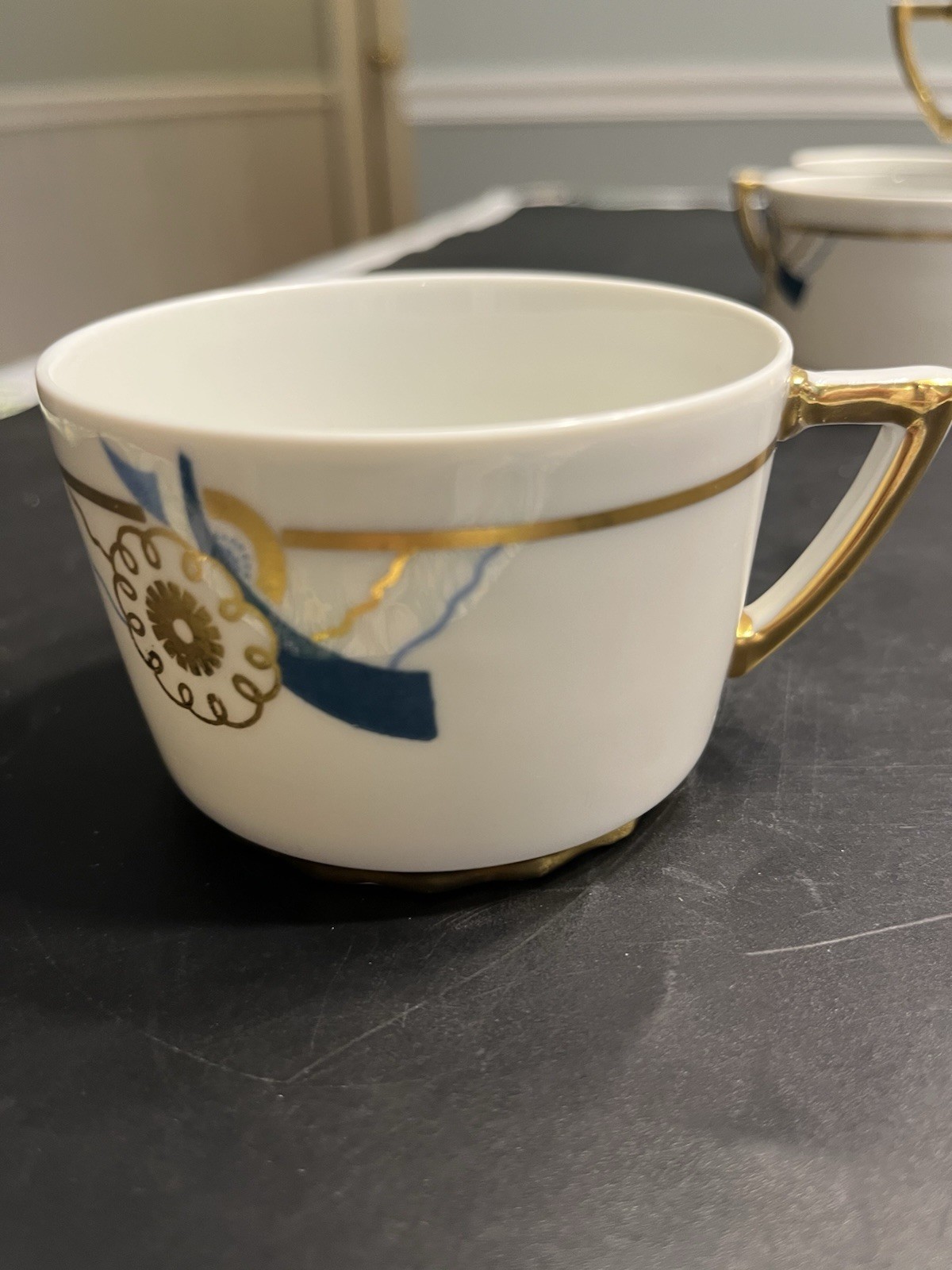 Haviland Limoges France Gold Teal Blue Coffee Tea Cups Mugs 6pc