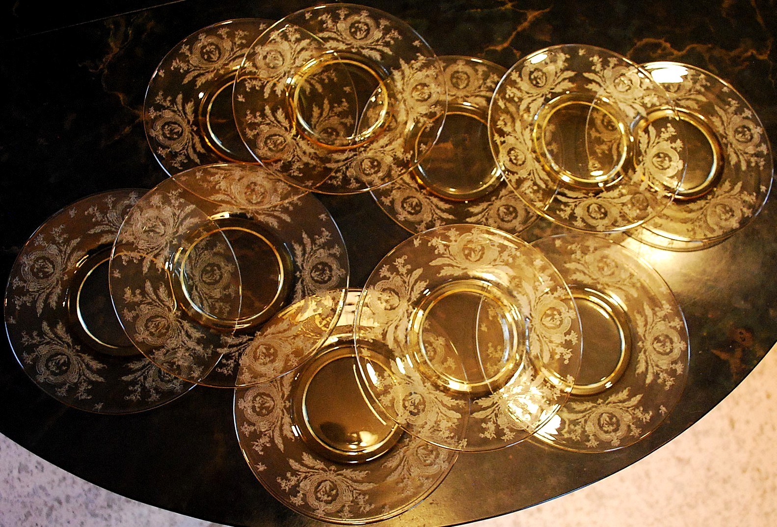 Vtg Set 10 LA FLEURE YELLOW 7.25″ Glass Lunch Plates Deco 1920 TIFFIN FRANCISCAN