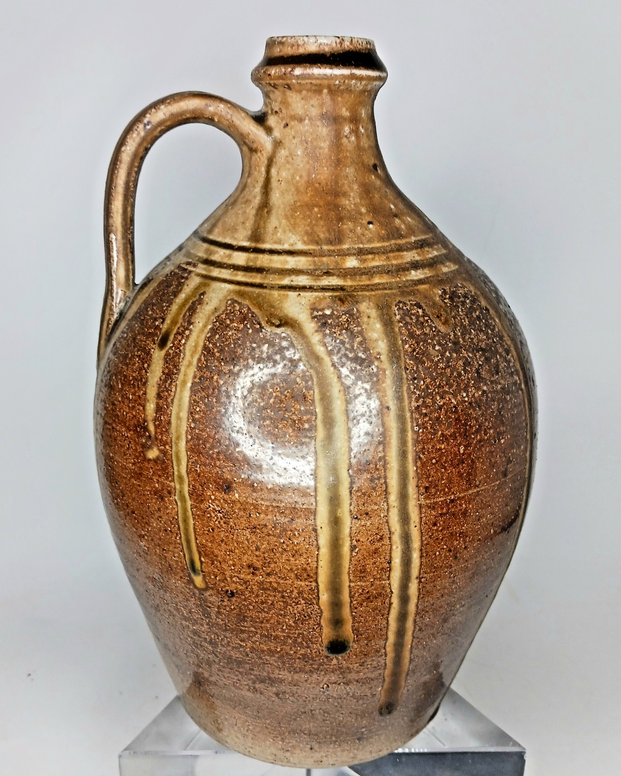 10” Jugtown Pottery Signed PAMELA OWENS Drip Glaze Stoneware Jug Brown. 1998