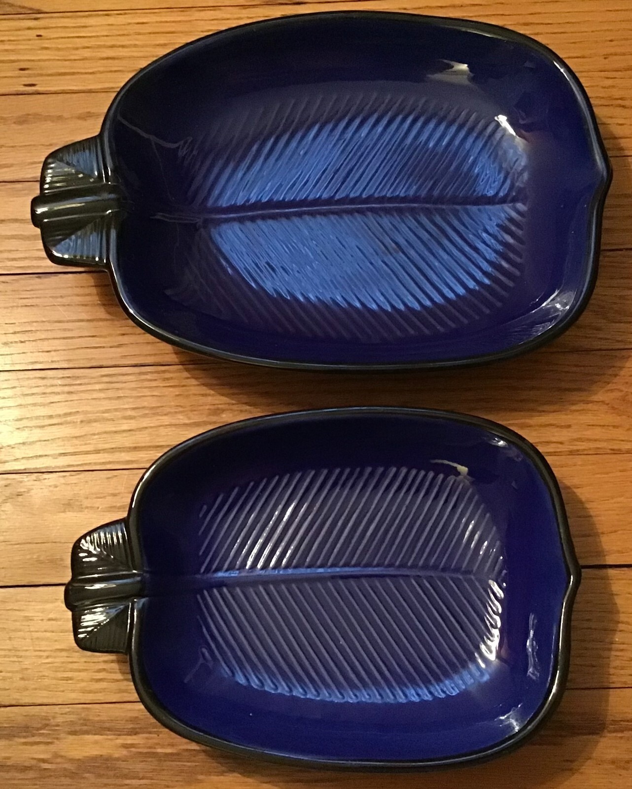 Scandinavian Vintage Cobalt Blue Pottery Leaf Dish Set of 2 Black Trim 930 931