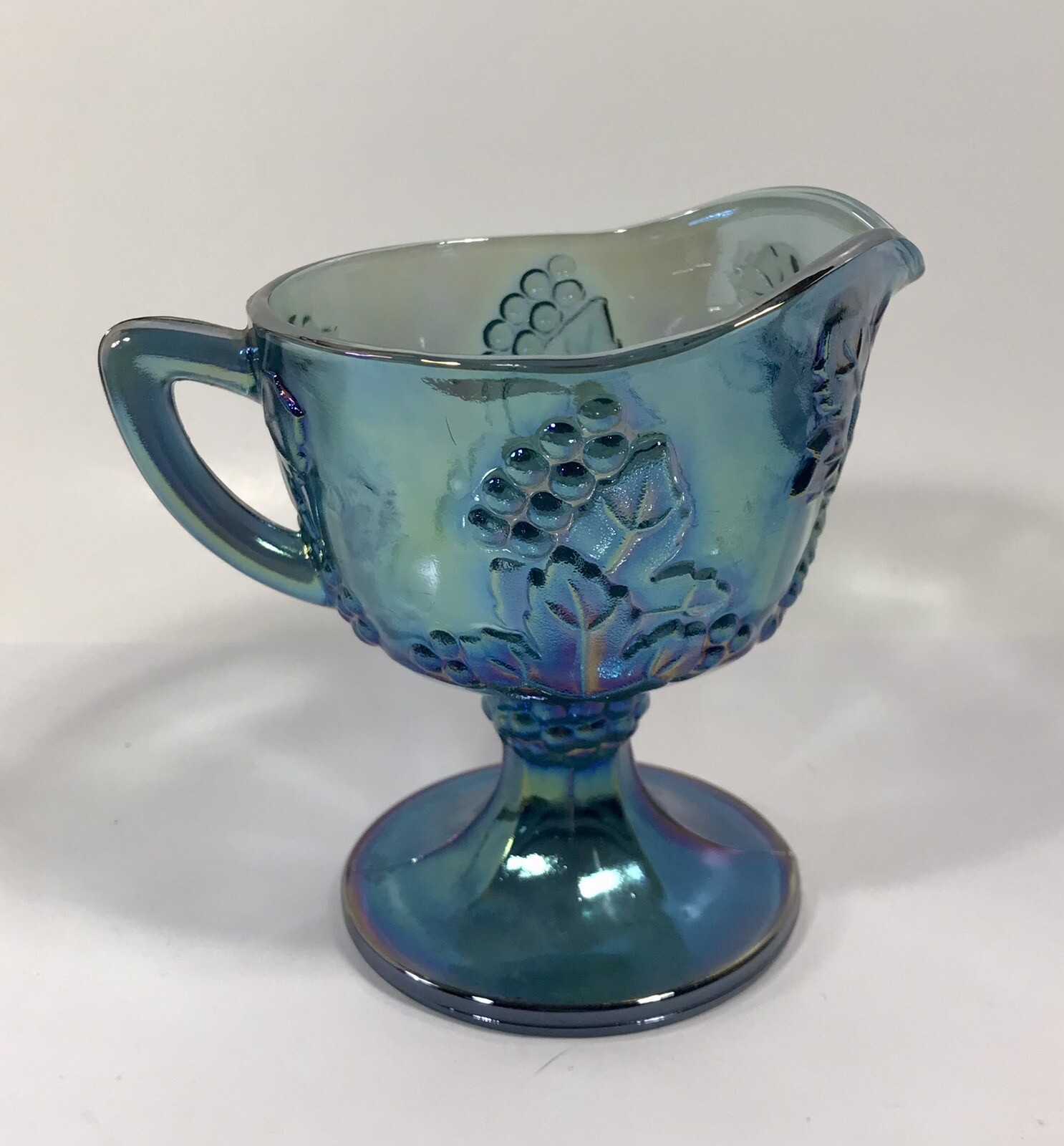 Indiana Carnival Glass Footed Creamer Harvest Grape Blue Pedestal Vintage H16