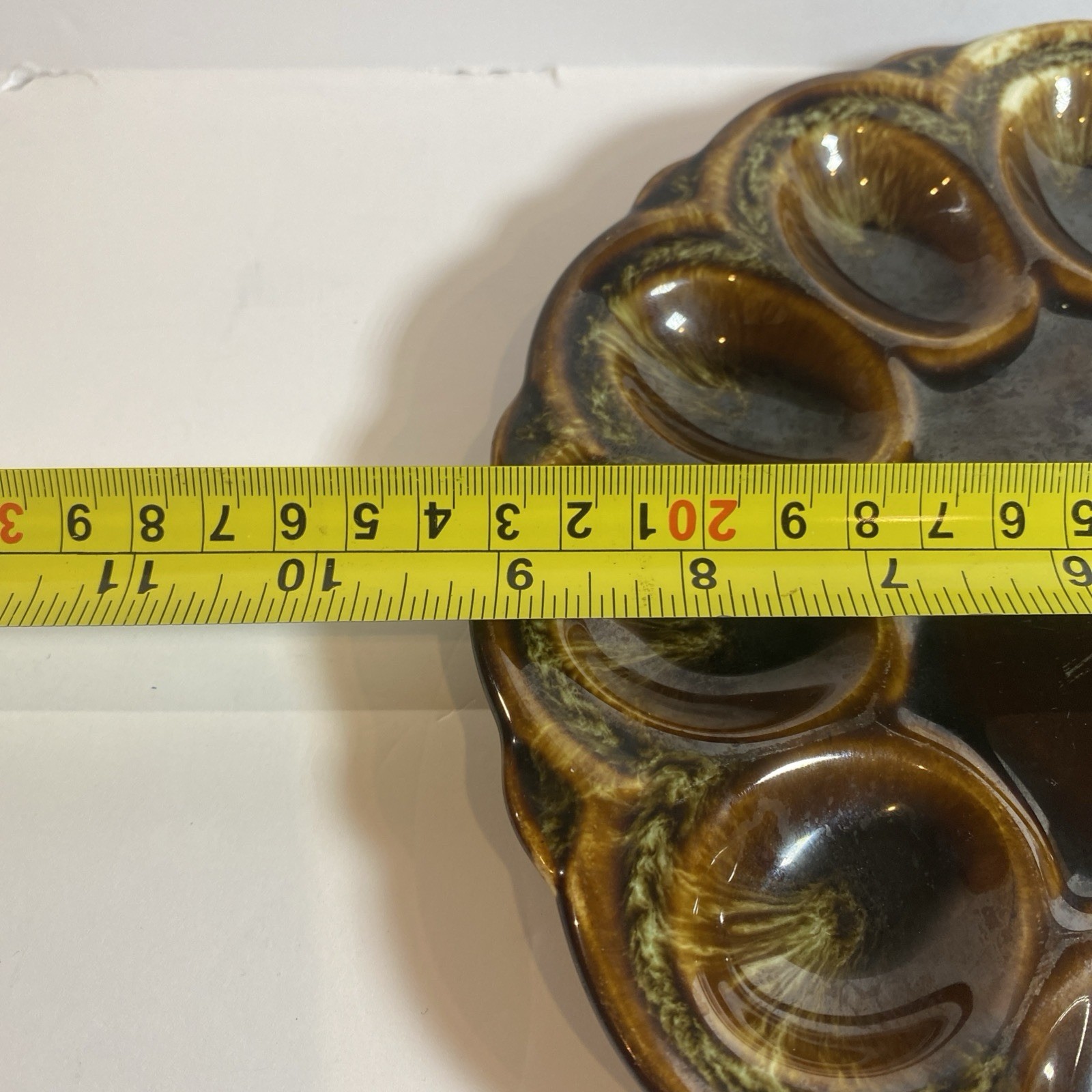 Vintage Canonsburg? Peacock Brown Drip Glaze Deviled Egg Platter 9” 12 Egg USA