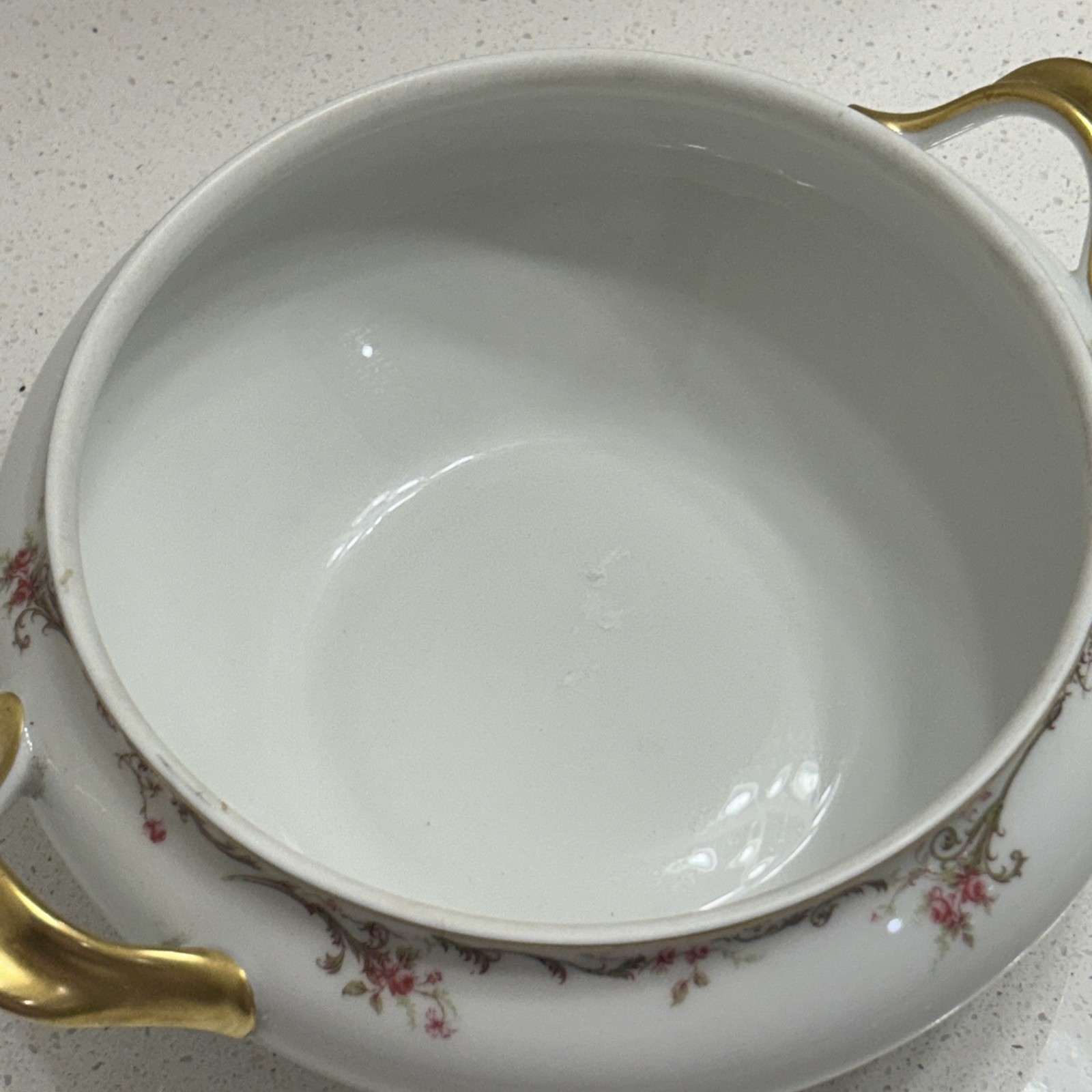 Haviland Limoges France Handled Casserole Dish Pink Rose Garland & Gold Trim