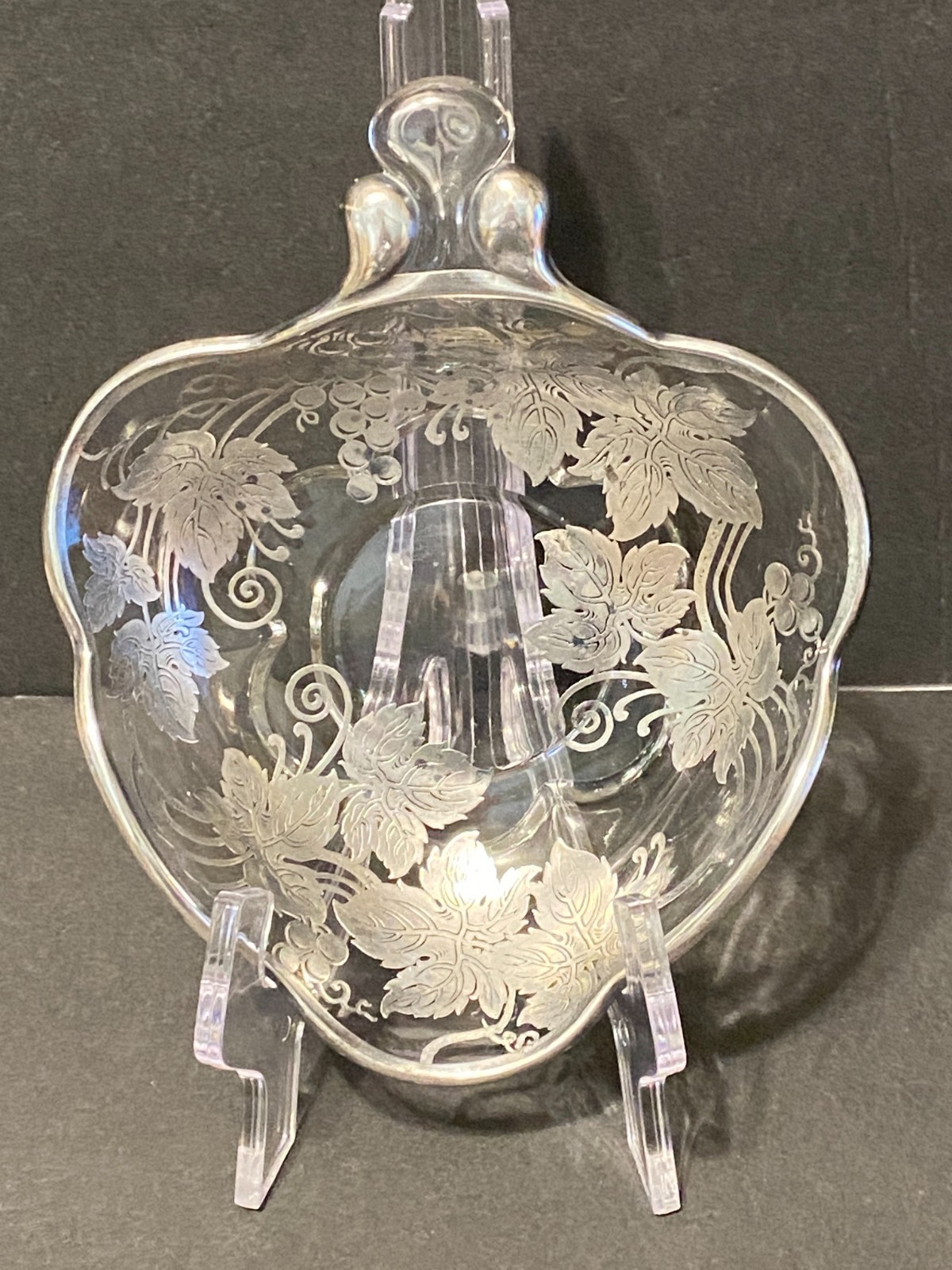 Vintage Silver Overlay Glass Candy Nut Dish Grape Vines Leaves Grapes