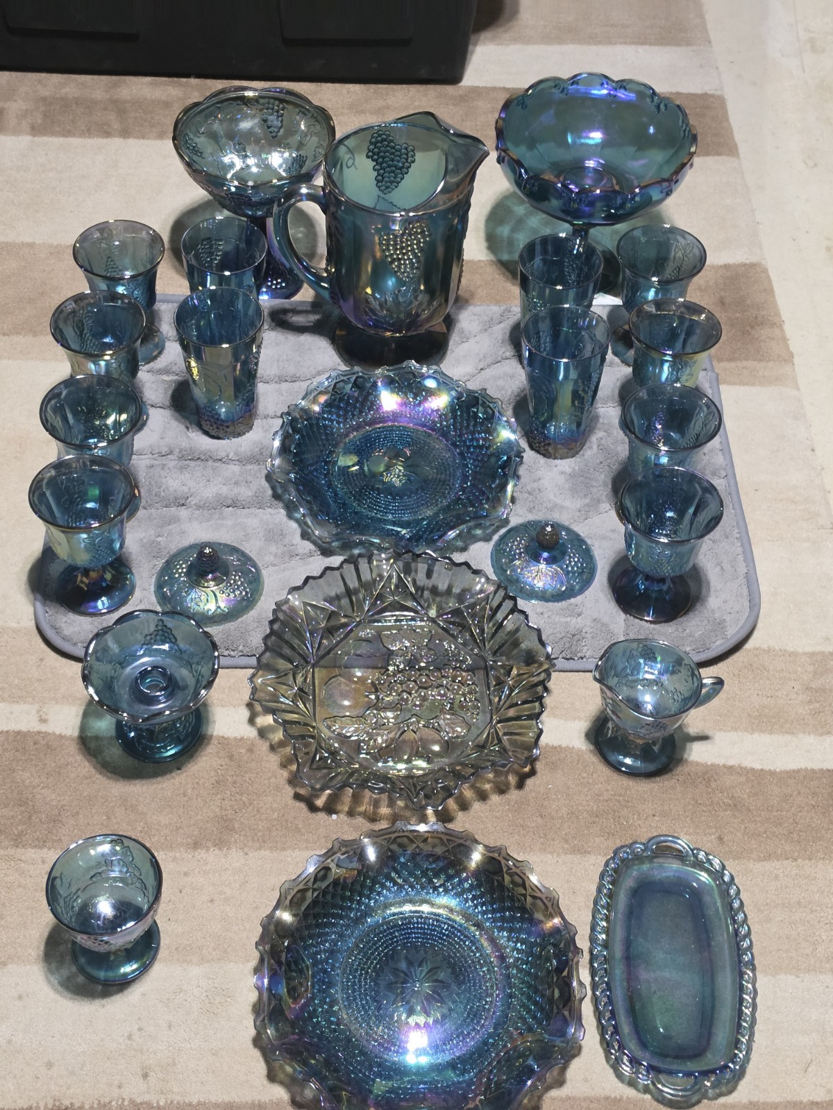 9 Pcs Indiana Carnival Glass Iridescent Blue 1 Pitcher,  & 8 Goblets