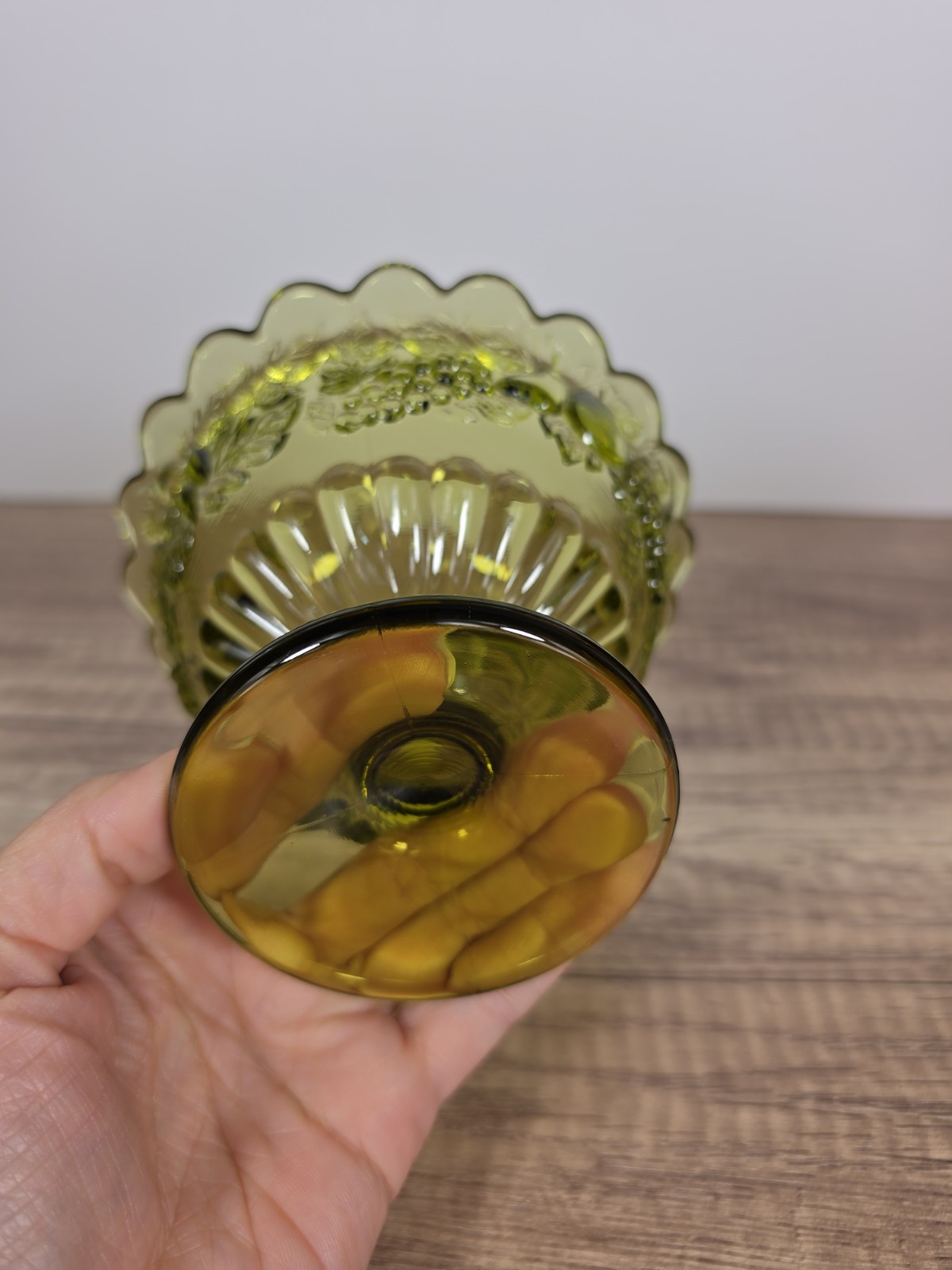 Vintage Olive Green Indiana Glass Harvest Grape Covered Candy Dish Pedestal Bowl