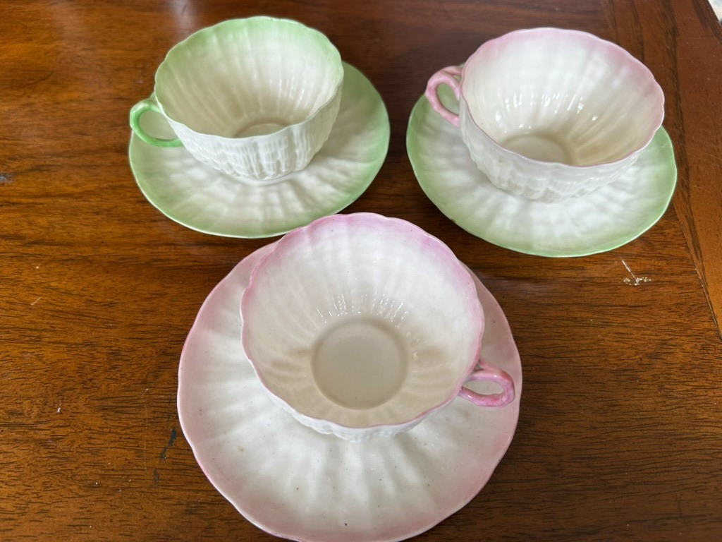 Vintage Belleek Ireland Pink and Green Shell Teacup & Saucer Sets Porcelain