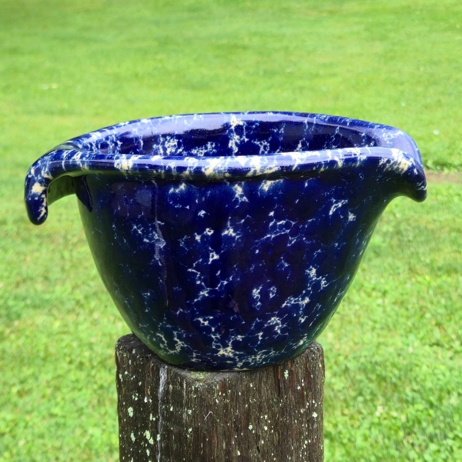 VTG Bennington Potters Blue Agate Batter Bowl Spongeware Stoneware Vermont USA