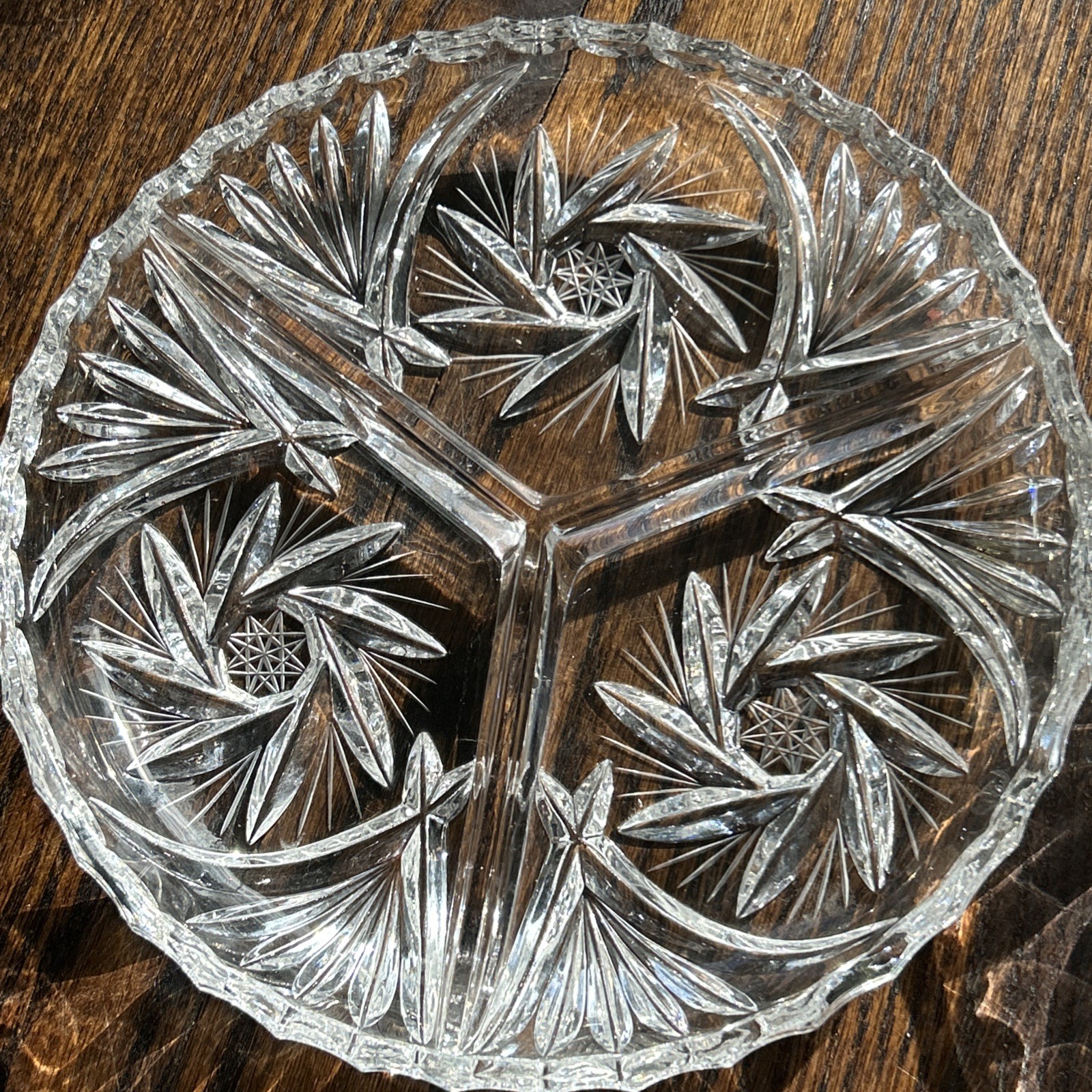 Vintage Pinwheel Lead Crystal 3 Compartment 8″ Round Relish Tray X2