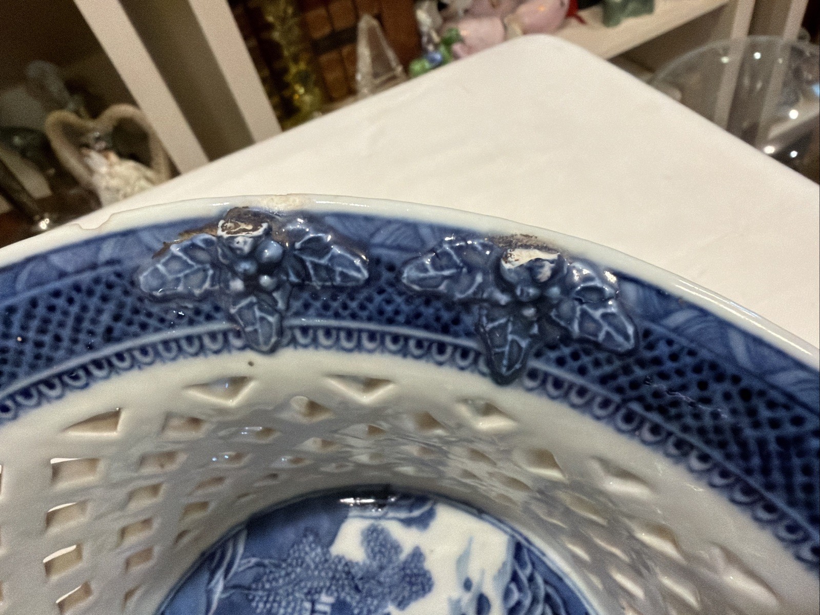 Rare Reticulated Canton Blue and White Chestnut Bowl Antique Transferware