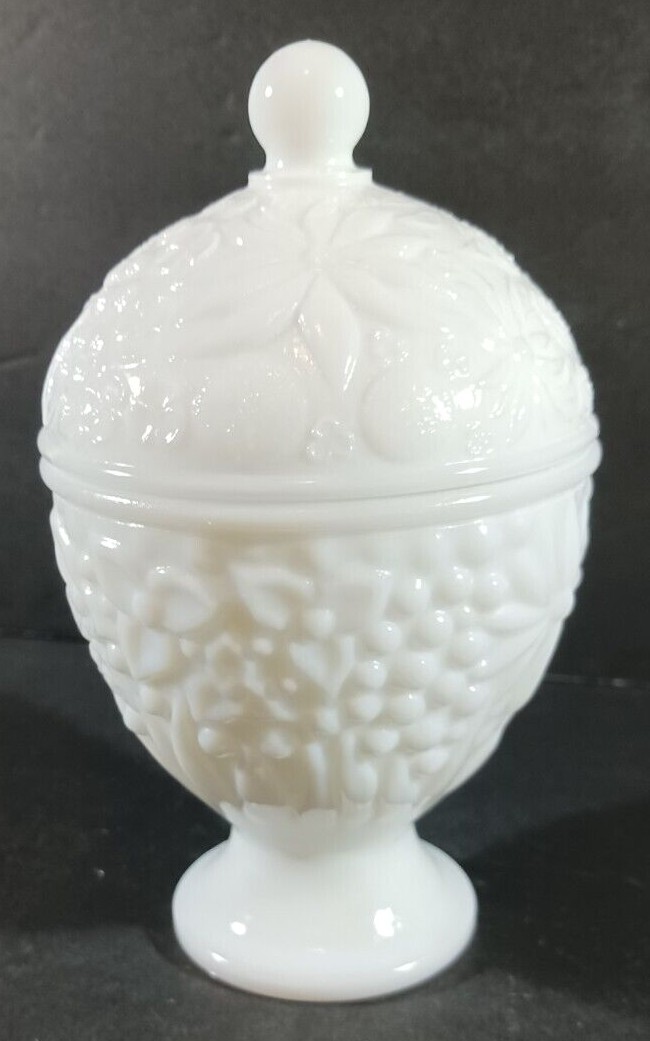 Vintage MILK GLASS COMPOTE CANDY DISH WITH LID Flowers Small White Pedestal Avon