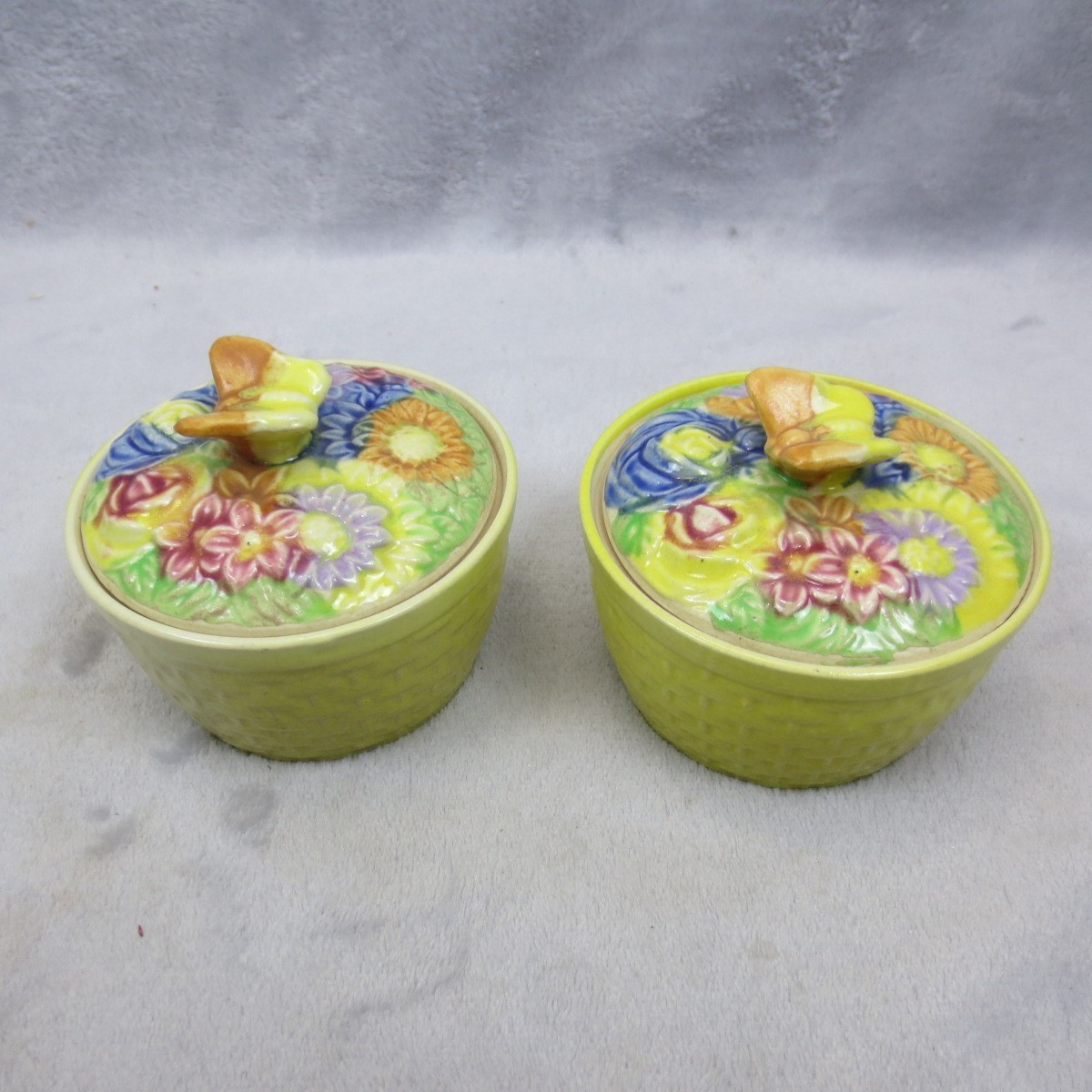 Pair Butterfly Flowers Covered Candy Trinket Dish Japan Majolica Hand Painted