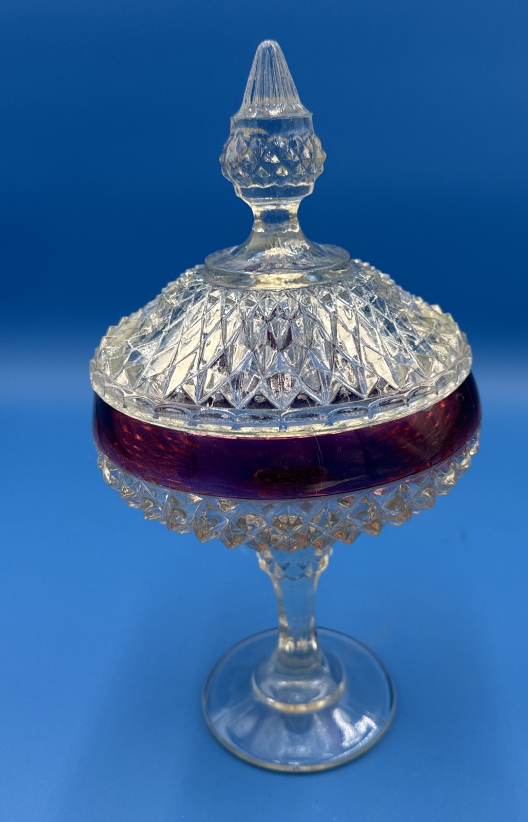 Vtg Indiana Glass Co. Tall Compote Diamond Point Ruby Collection Candy Dish