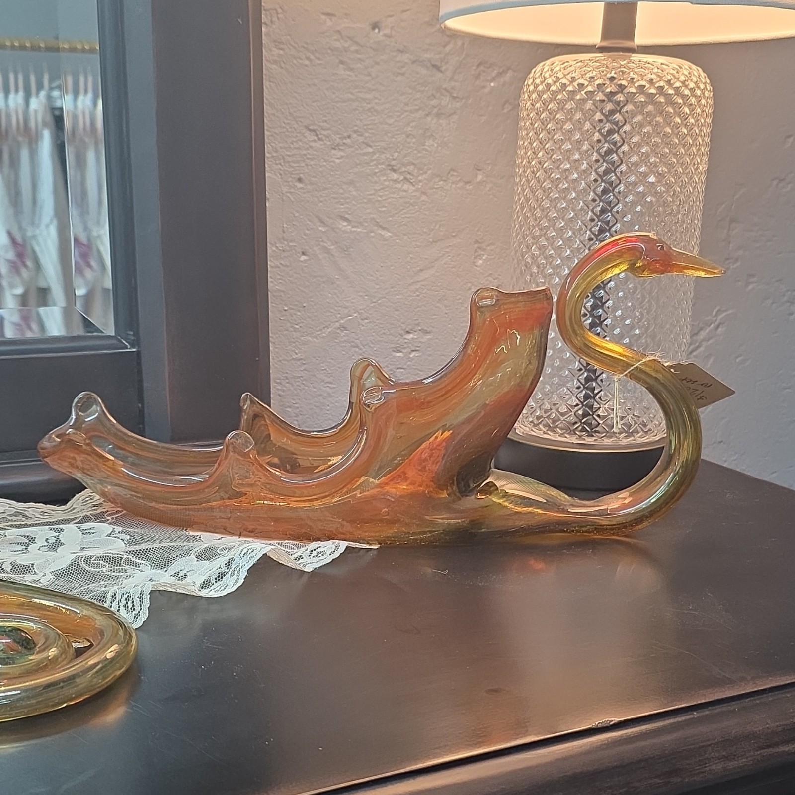Vintage 1960’s Murano Marigold Swirl Cornucopia Swan Carnival Glass Bowl USA