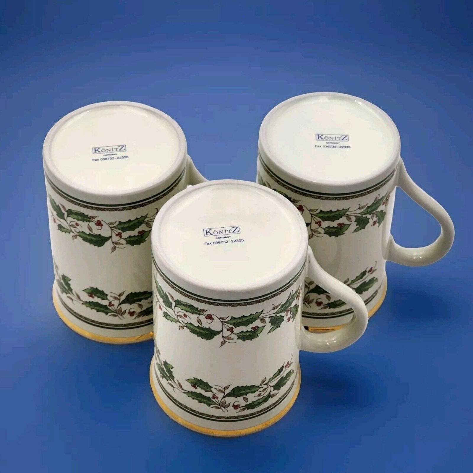 Set of 3 Konitz Germany Holly Holiday Home For The Holidays Porcelain Mugs 1994