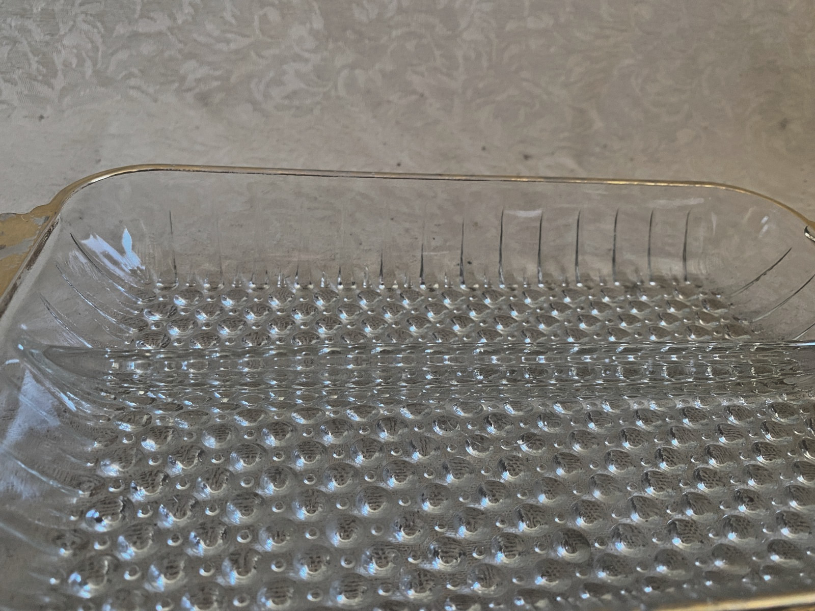 Vintage Clear Glass Rectangular Platter Tray Gold Trim Handles Diamond Pattern