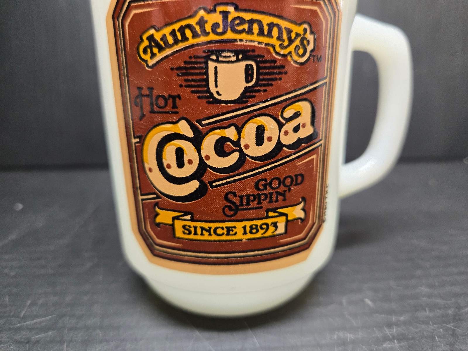 Set of 3 Vintage 1980s Anchor Hocking Aunt Jenny’s Cocoa & Tea Milk Glass Mugs