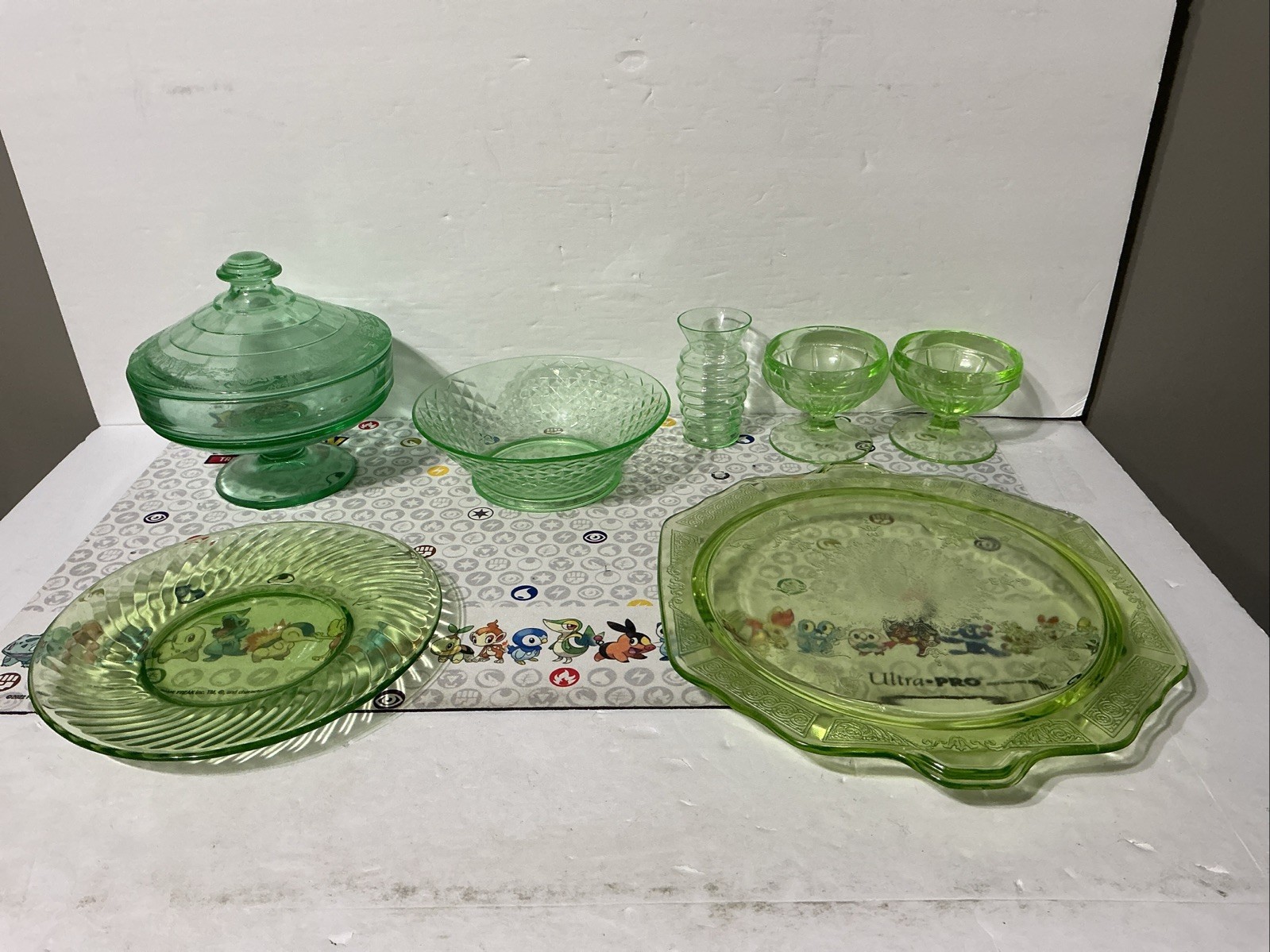 Mixed Lot 7 Piece Vintage Uranium Glass – Candy Bowl – Desert Bowl – More! Look!