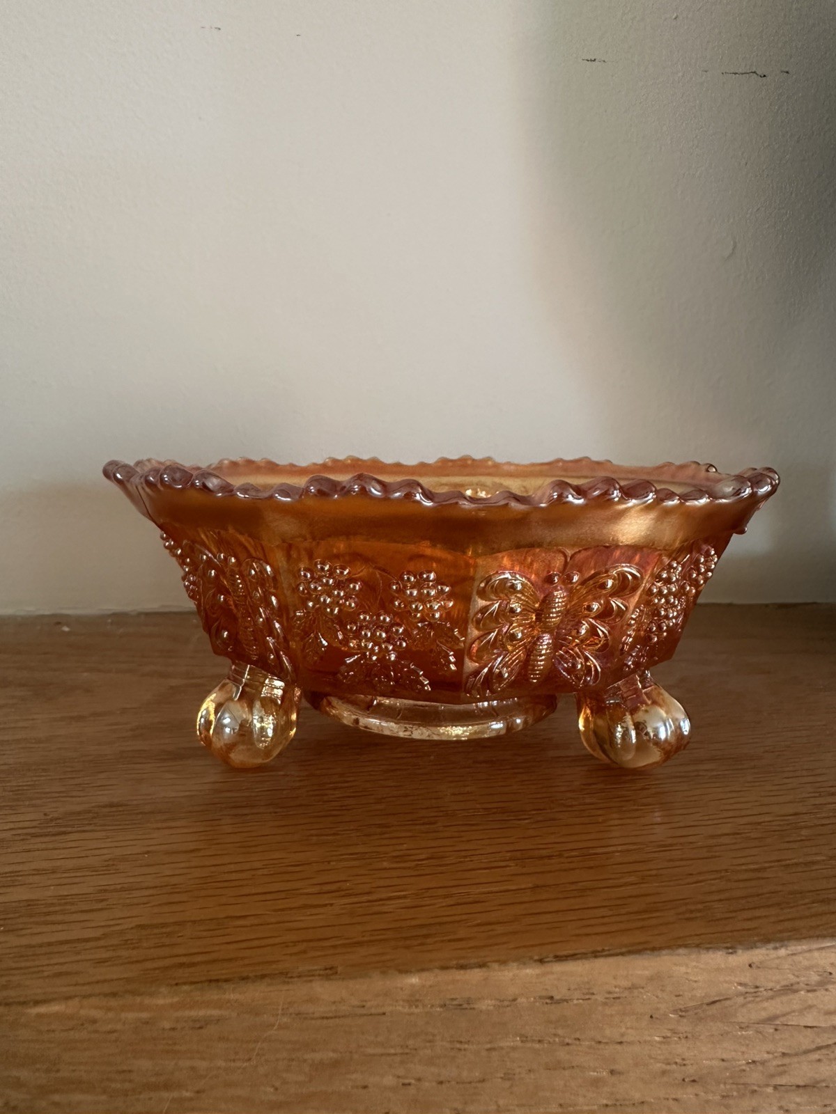 Fenton Marigold Carnival Glass Panther Fern Footed Console Bowl 5″ Antique