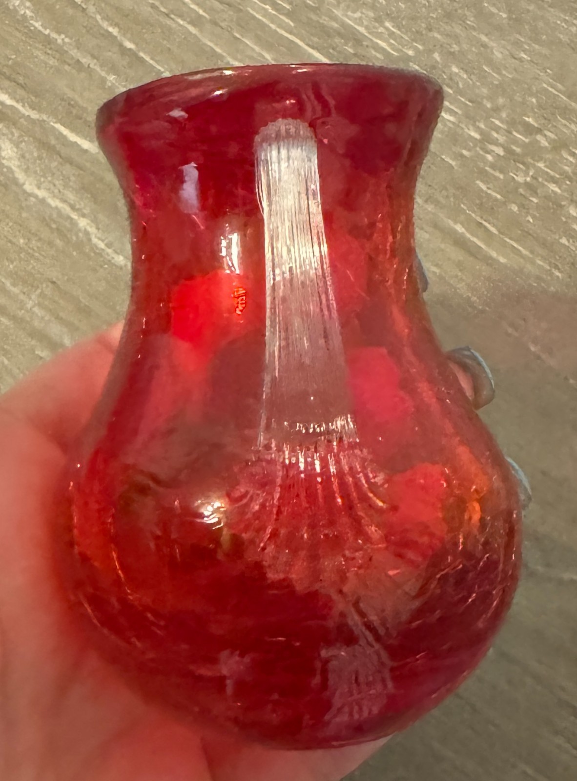 Vintage hand-blown ruby-red crackle glass pitcher 3.5″
