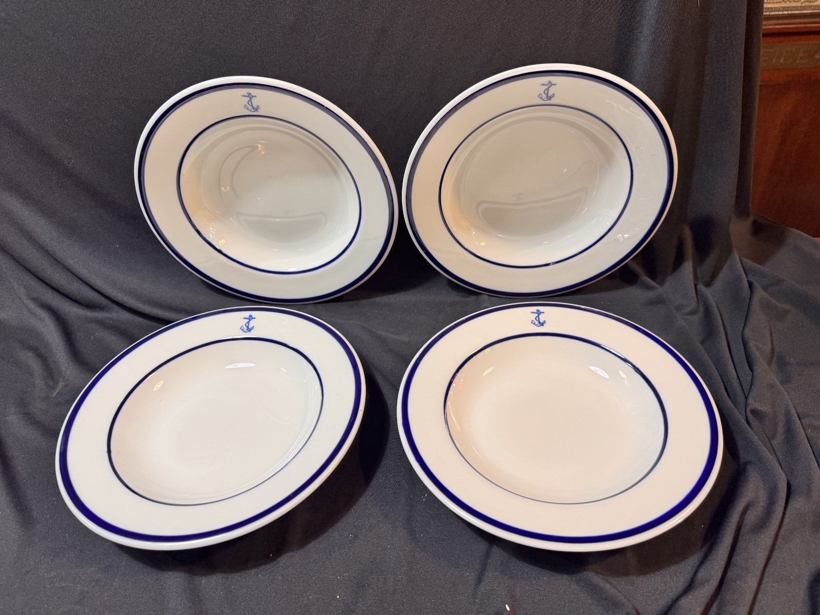 4 Vtg US Navy Blue Anchor Jackson China Restaurant Ware 9″ Pasta Bowls Nautical