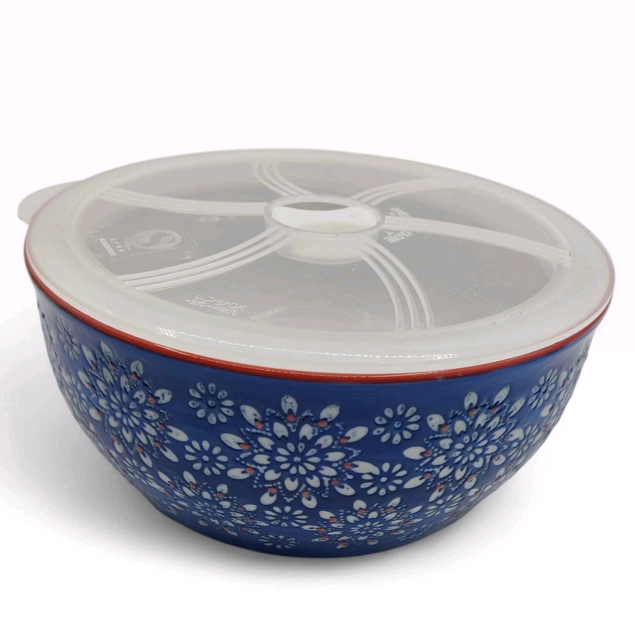 VTG Yokohama Studio Blue White Red Floral Hand Painted Ceramic Bowl w Lid