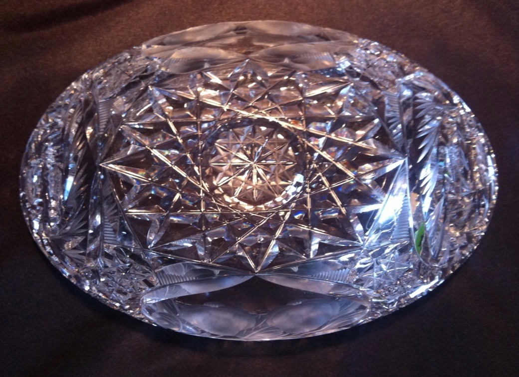 Cut Glass Bowl Intaglio: 11 5/8″ L x 7 1/2 W x 4 1/2″ H