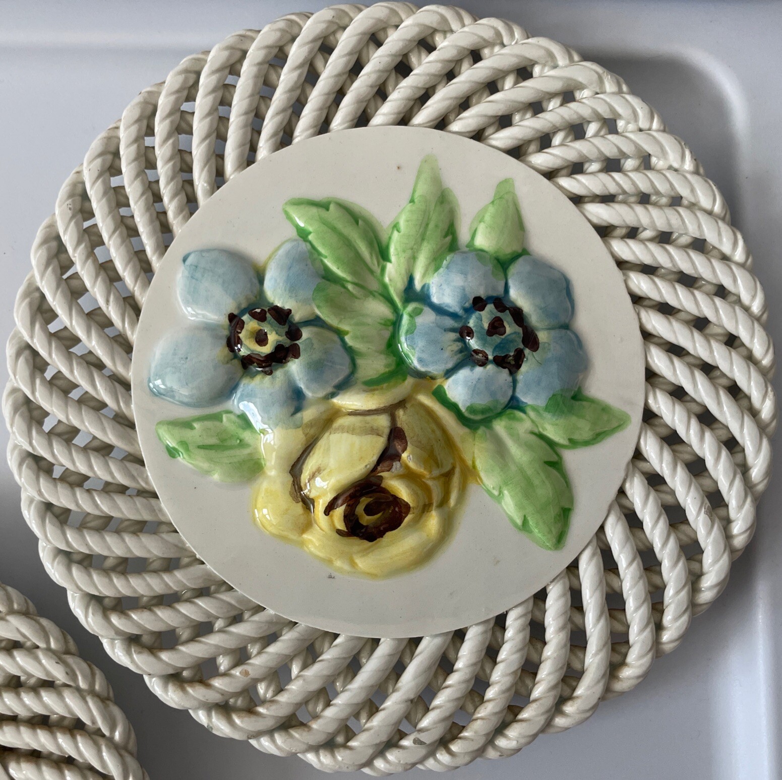 Ceramic Spain Wall Plates Spanish Art 3D Fruit Flowers Lattice Painted Set of 3