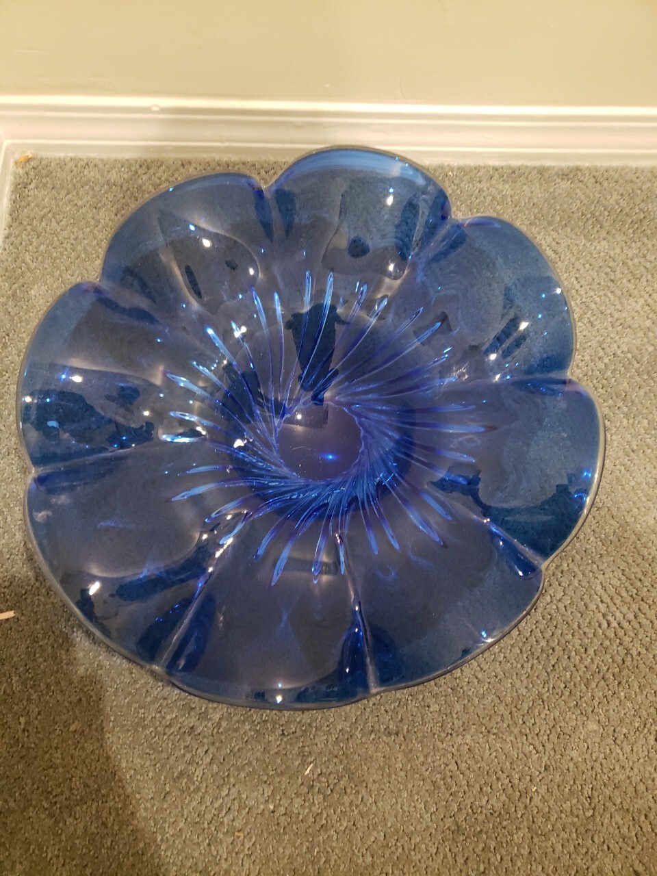 Murano Cobalt Blue Glass bowl Twisted @ Fluted 14inch 5 1/2high 9 pounds 8 sided