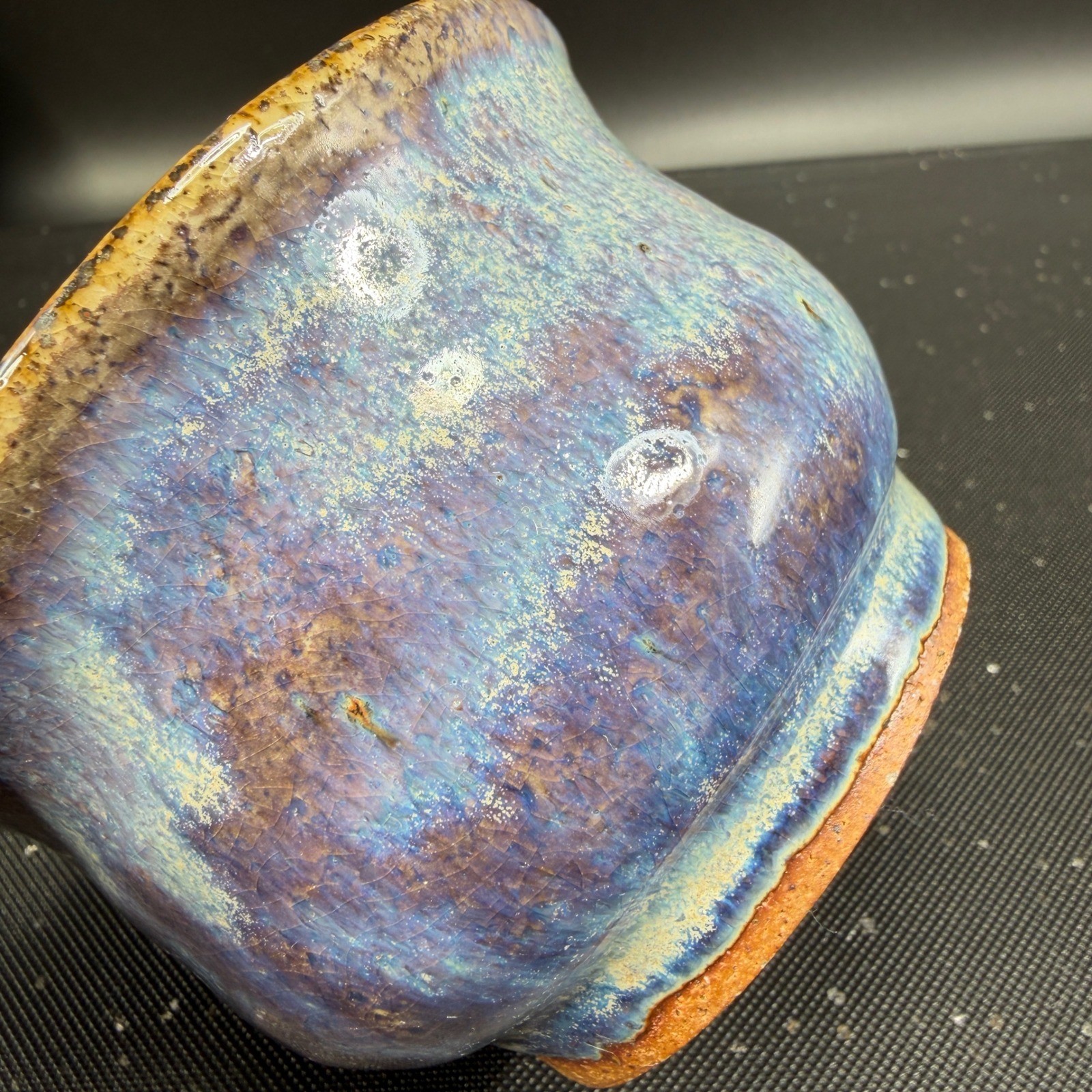 Signed Studio Art Pottery Blue Purple Drip Glaze Stoneware Bowl Handcrafted 4in